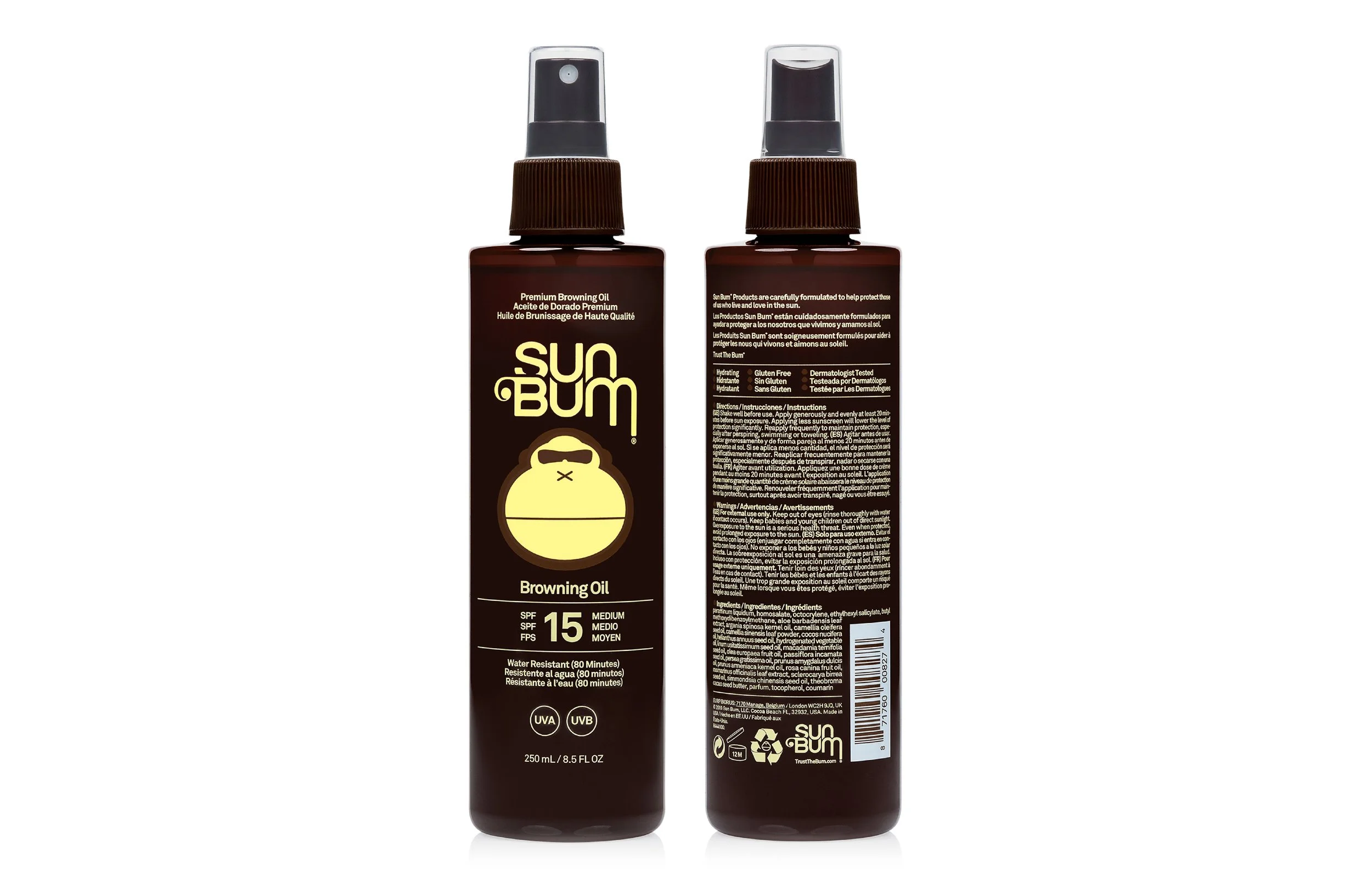 Two brown bottles of Sun Bum Browning Oil with spray nozzles, one showing the front label and the other the back label, indicating SPF 15, water resistance for 80 minutes, and containing ingredients for sun protection.