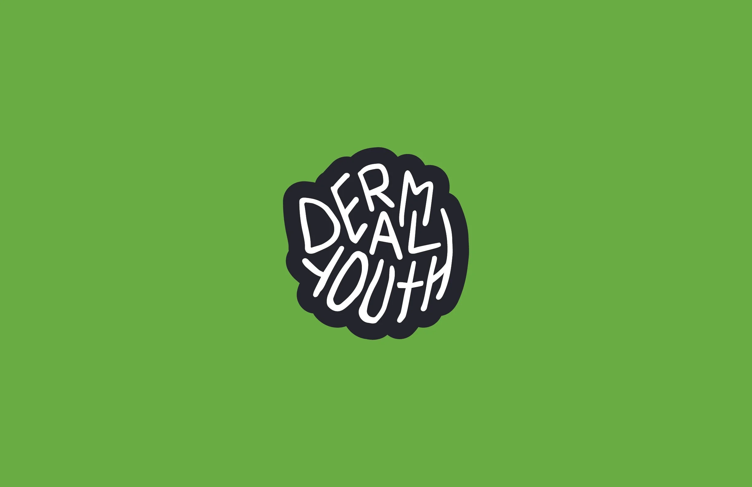 Bright green background with a black speech bubble containing white text that reads 'DERMAL YOUTH'.