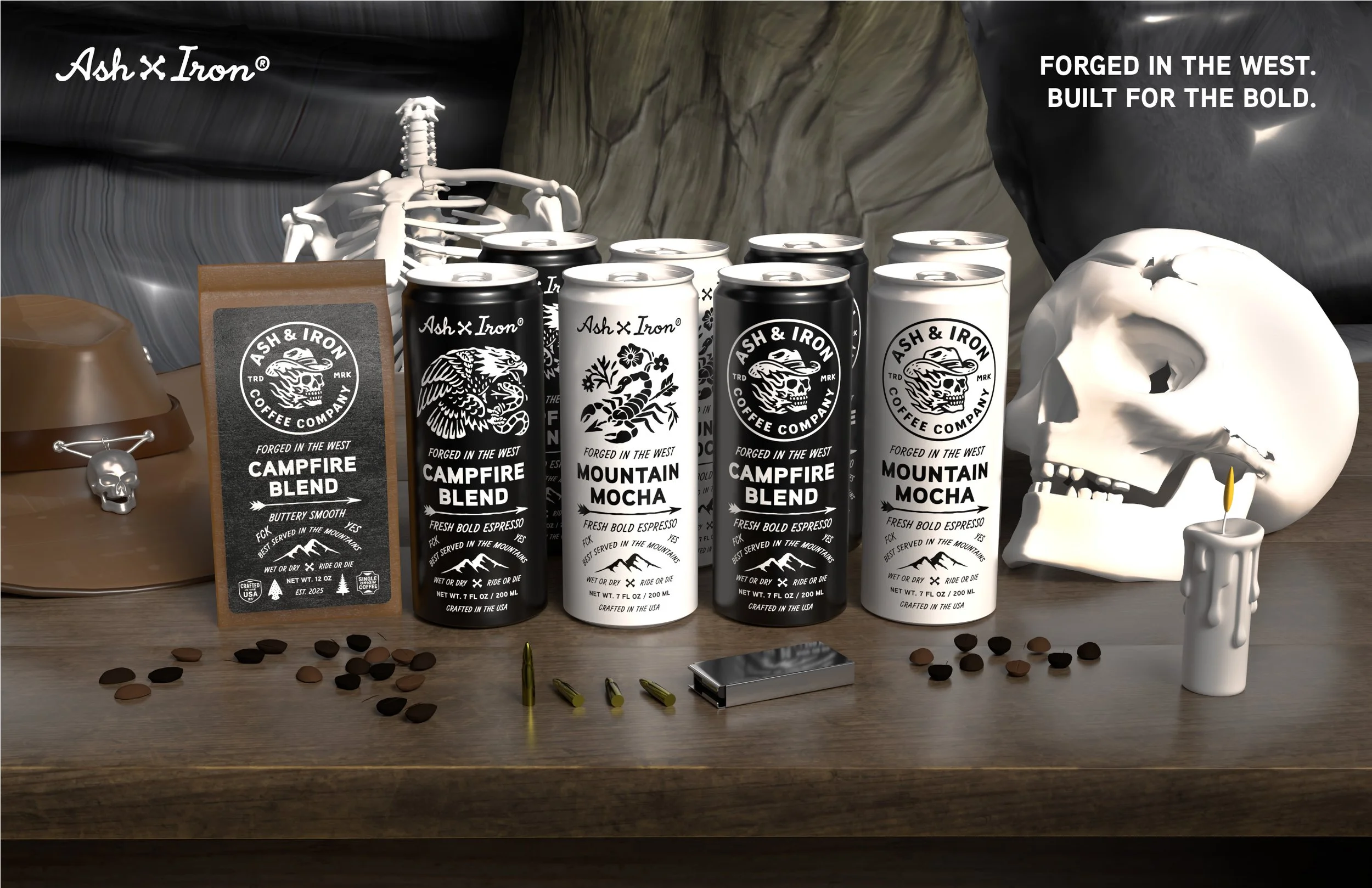Coffee cans from Ash Iron Coffee Company with skeleton and skull decorations, a small book or packet, coffee beans, bullets, and a skull figurine on a wooden surface.