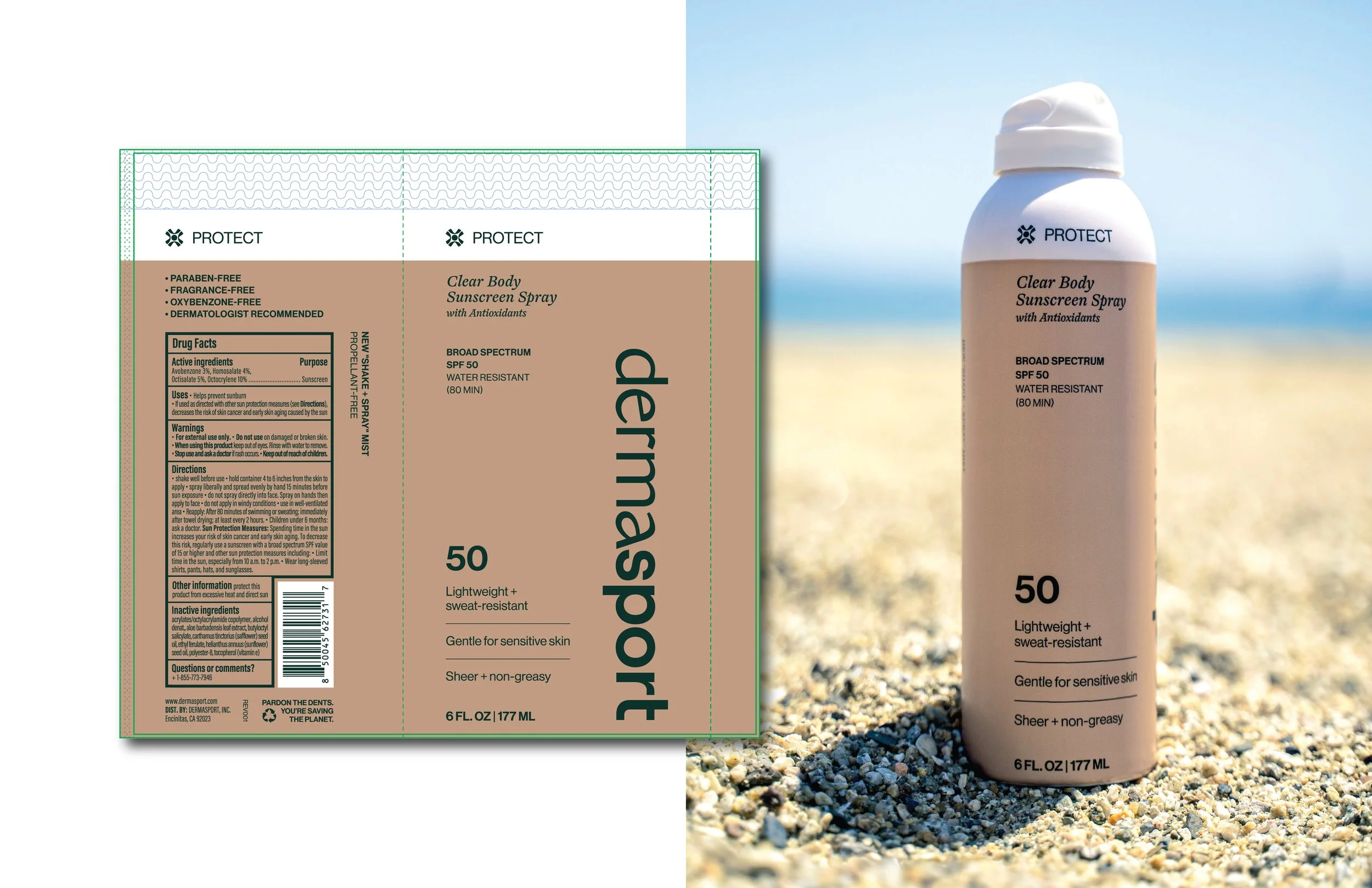 A box of Dermasport Clear Body Sunscreen Spray with antioxidants and SPF 50, positioned next to a beach bottle of the same sunscreen on a sandy beach with a blue sky background.