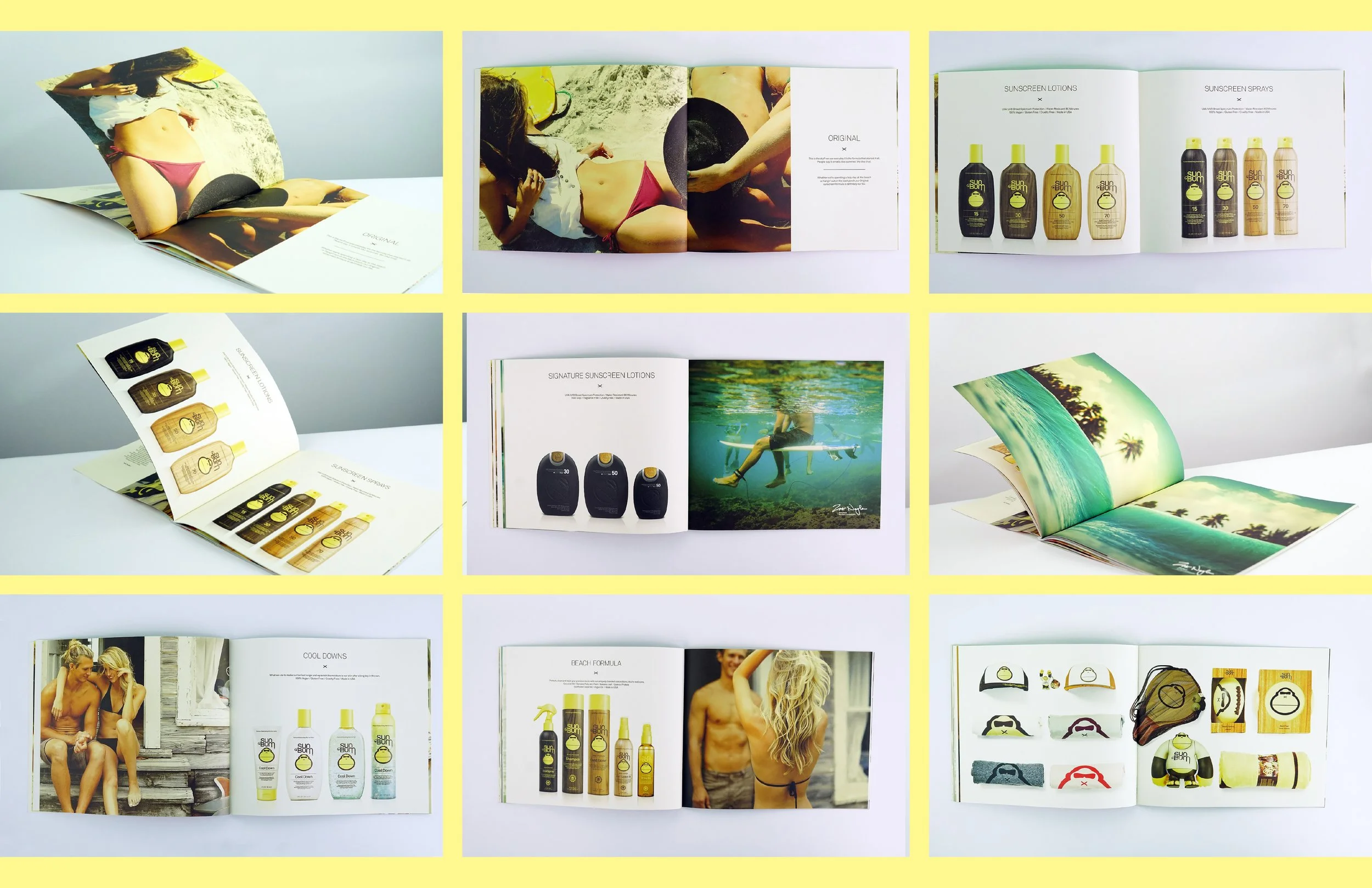 Open magazine pages featuring beach and pool scenes, sun protection products like sunscreen lotions and sprays, and people enjoying sunny outdoor activities.