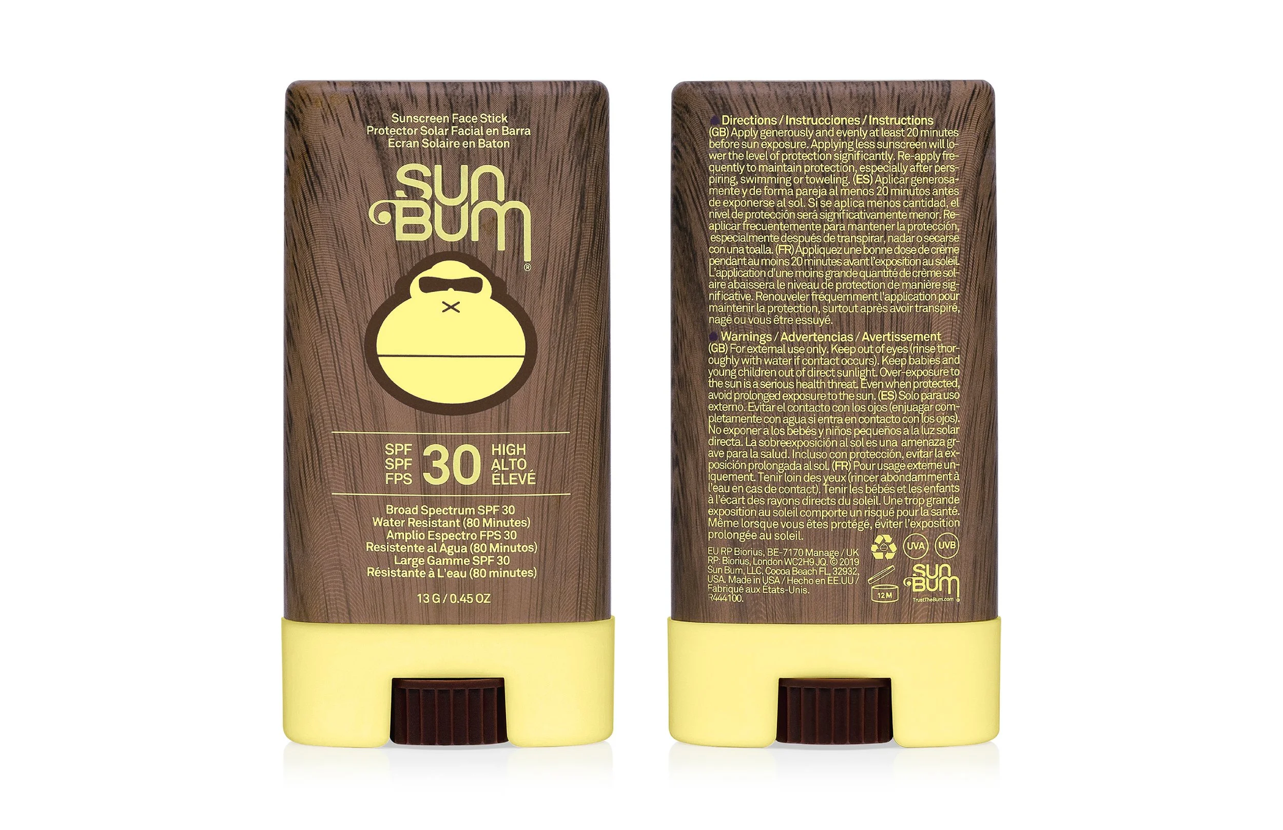 Two tubes of Sun Bum sunscreen, SPF 30, with a tan and yellow color theme. The front of the tube displays the Sun Bum logo with a cartoon banana character wearing sunglasses, and text indicating broad spectrum SPF 30 protection, water resistance for 