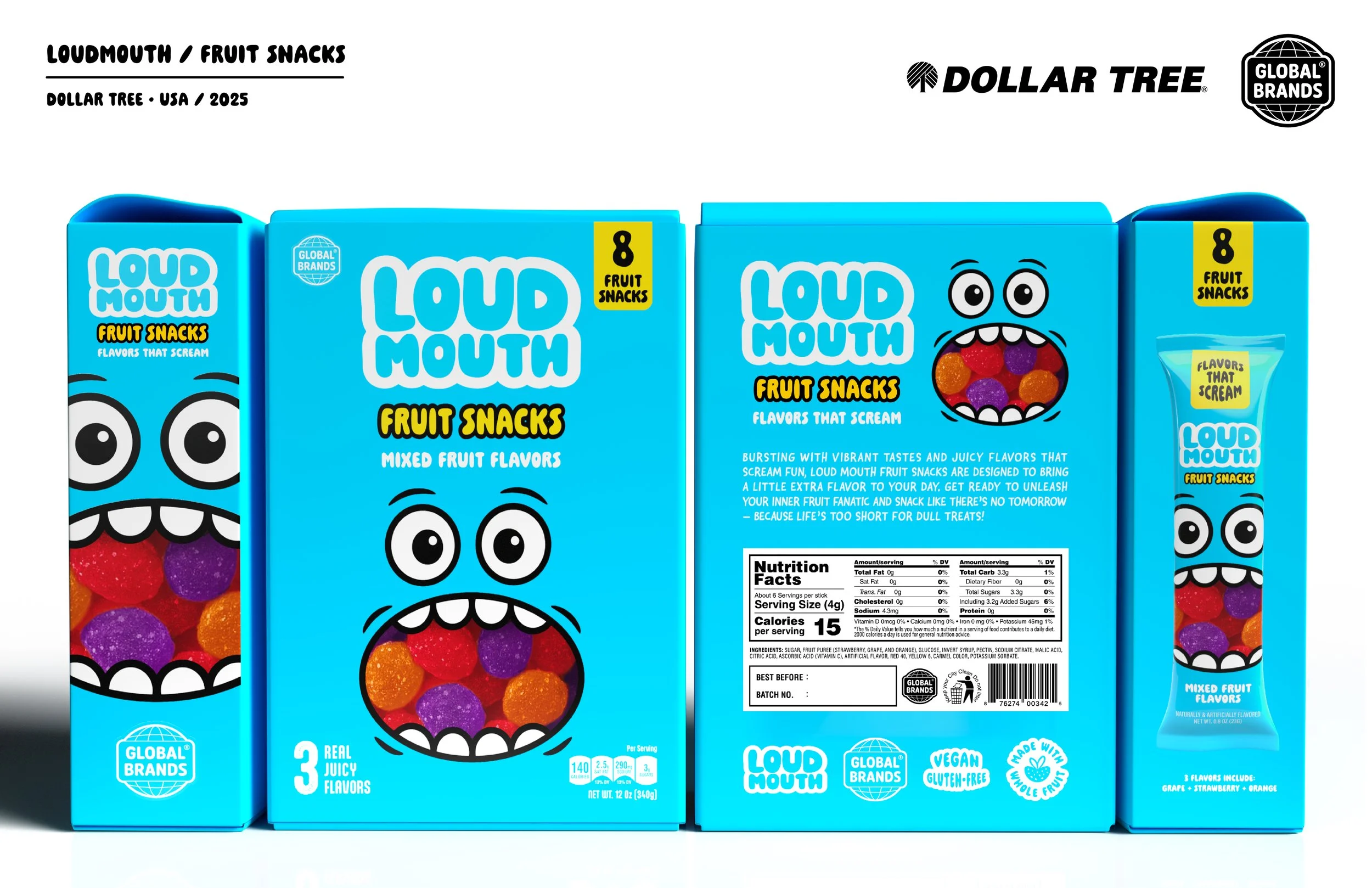 Front view of three blue Loud Mouth fruit snack boxes with cartoon facial expressions, colorful fruit gummies visible inside, and nutritional information on the larger box.