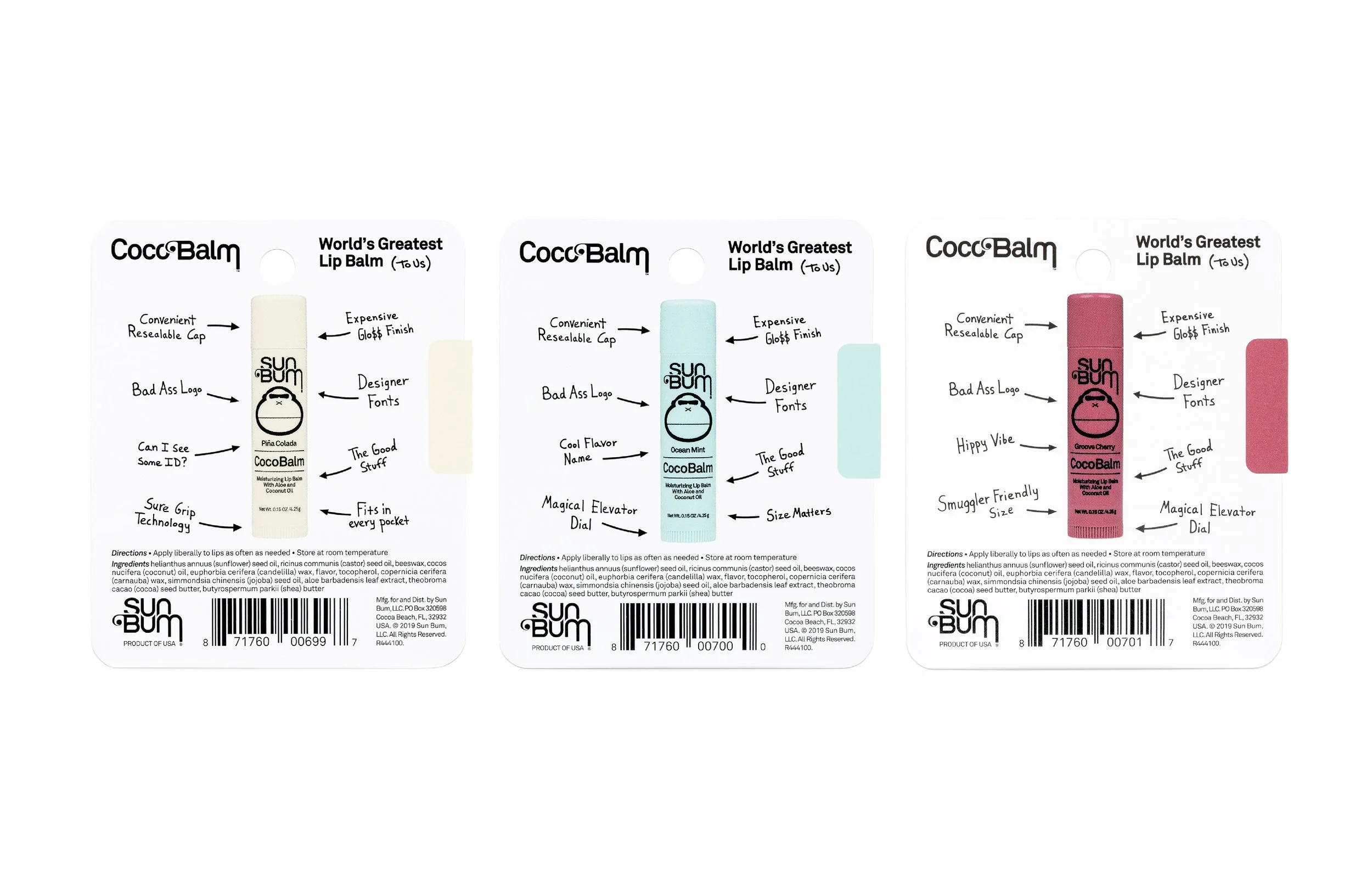 Three different lip balm packages from Sun Bum, each featuring unique colors and flavors, with product details and ingredients listed on the back.