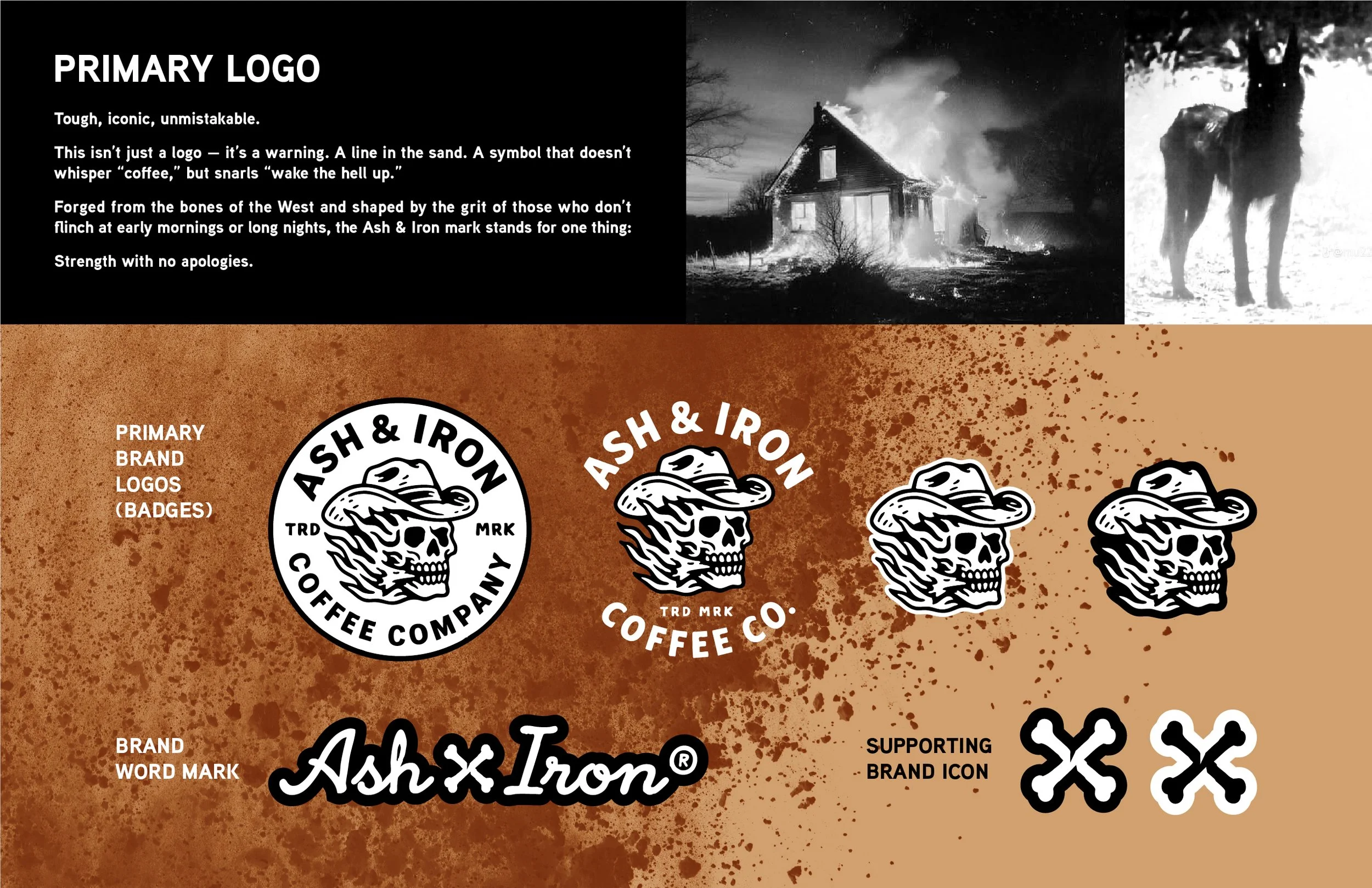 A promotional graphic for Ash & Iron Coffee Company featuring their logo of a skull wearing a cowboy hat and multiple badge designs. The top part of the image shows black and white photographs of a burning house and a wolf in snow. The bottom part hi