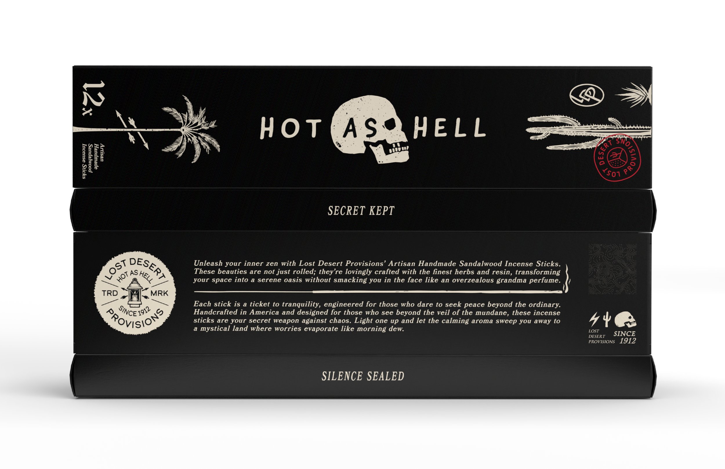 Black packaging box for incense sticks labeled 'Hot as Hell' with white skeletal skull illustration, palm trees, and text describing handmade sandalwood incense sticks, called Lost Desert Provisions, with a mystical desert theme.