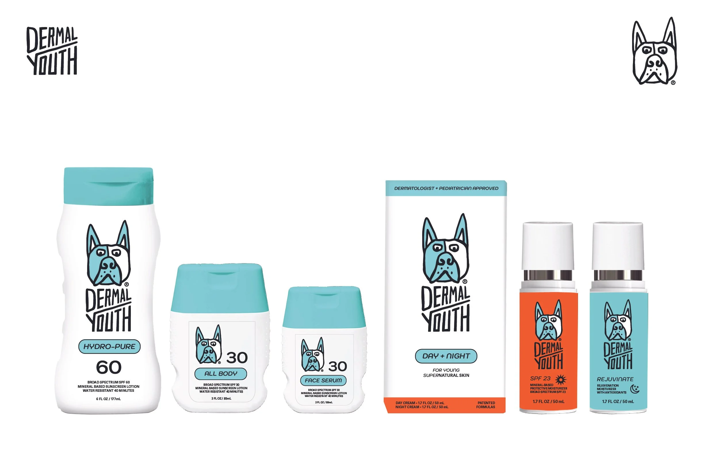 Collection of Dermal Youth skincare products including sunscreen lotion, face serum, day and night cream, and moisturizers with blue and orange labels, and product containers.