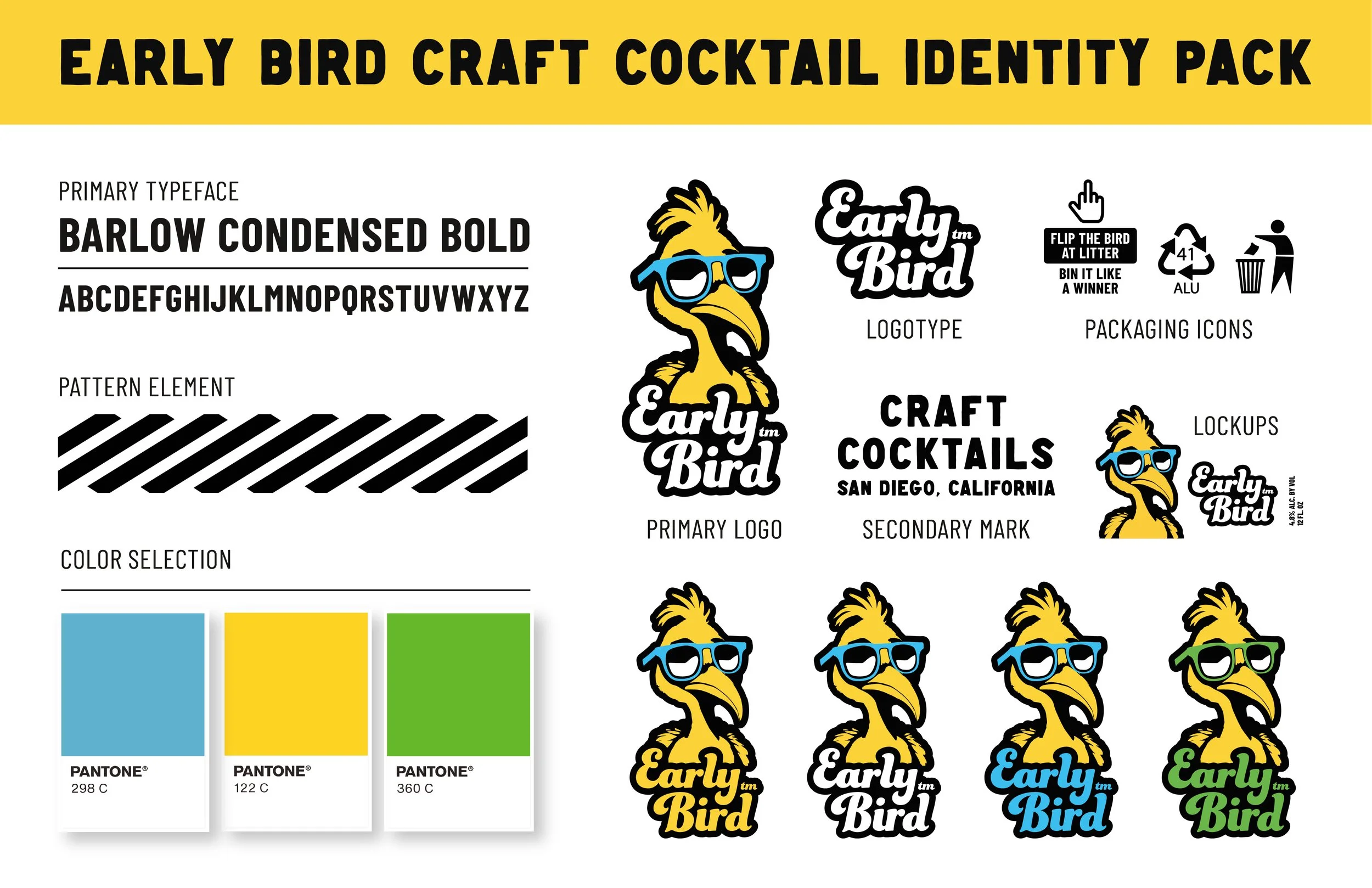 Design guide for Early Bird Craft Cocktail Identity Pack featuring a cartoon yellow bird with sunglasses, different logo variations, and packaging icons.