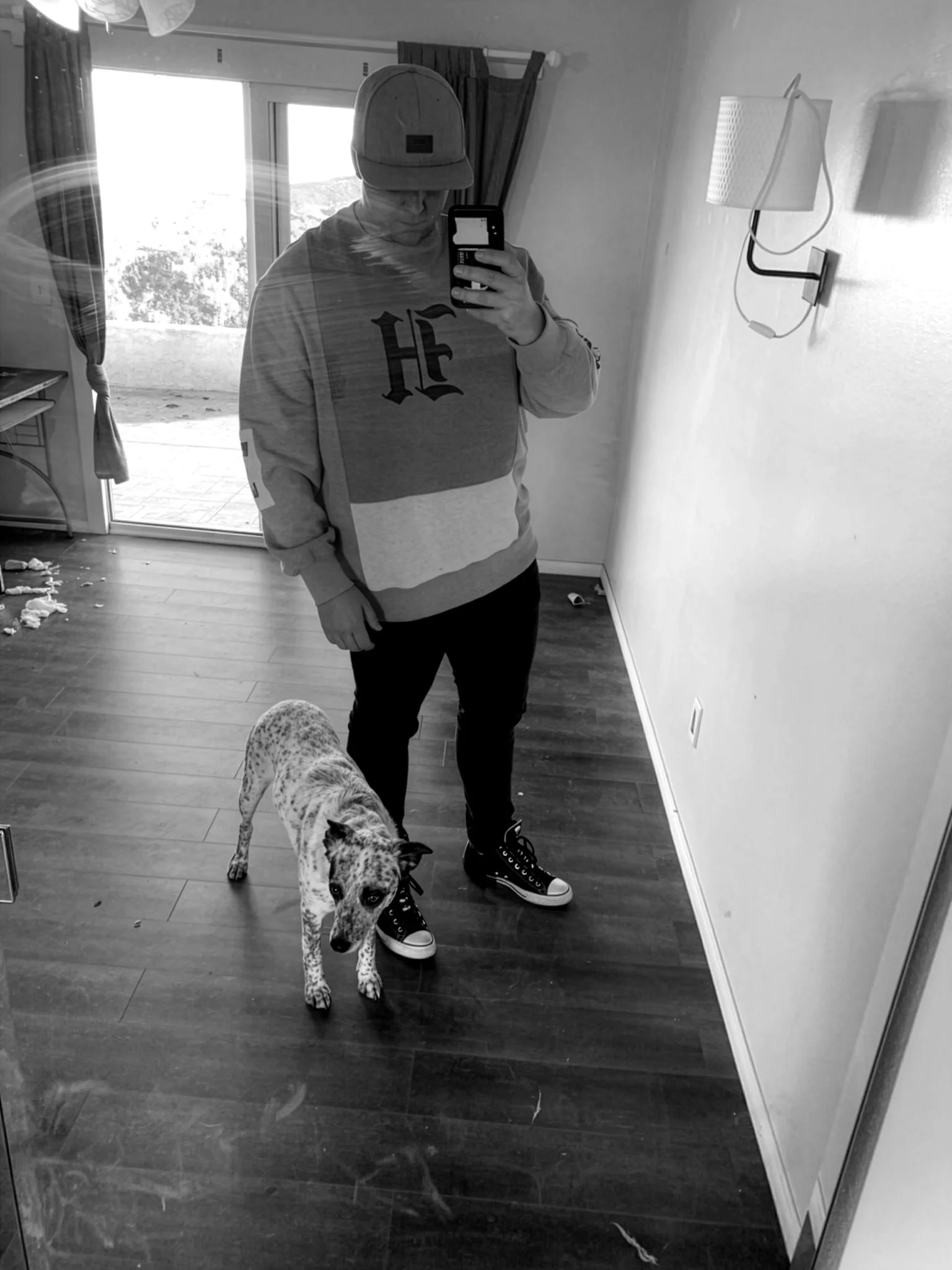 Person in casual clothing and a cap taking a mirror selfie in a room with wooden flooring, a dog with spotted fur standing on the floor, a sliding glass door with curtains, and a wall-mounted lamp.