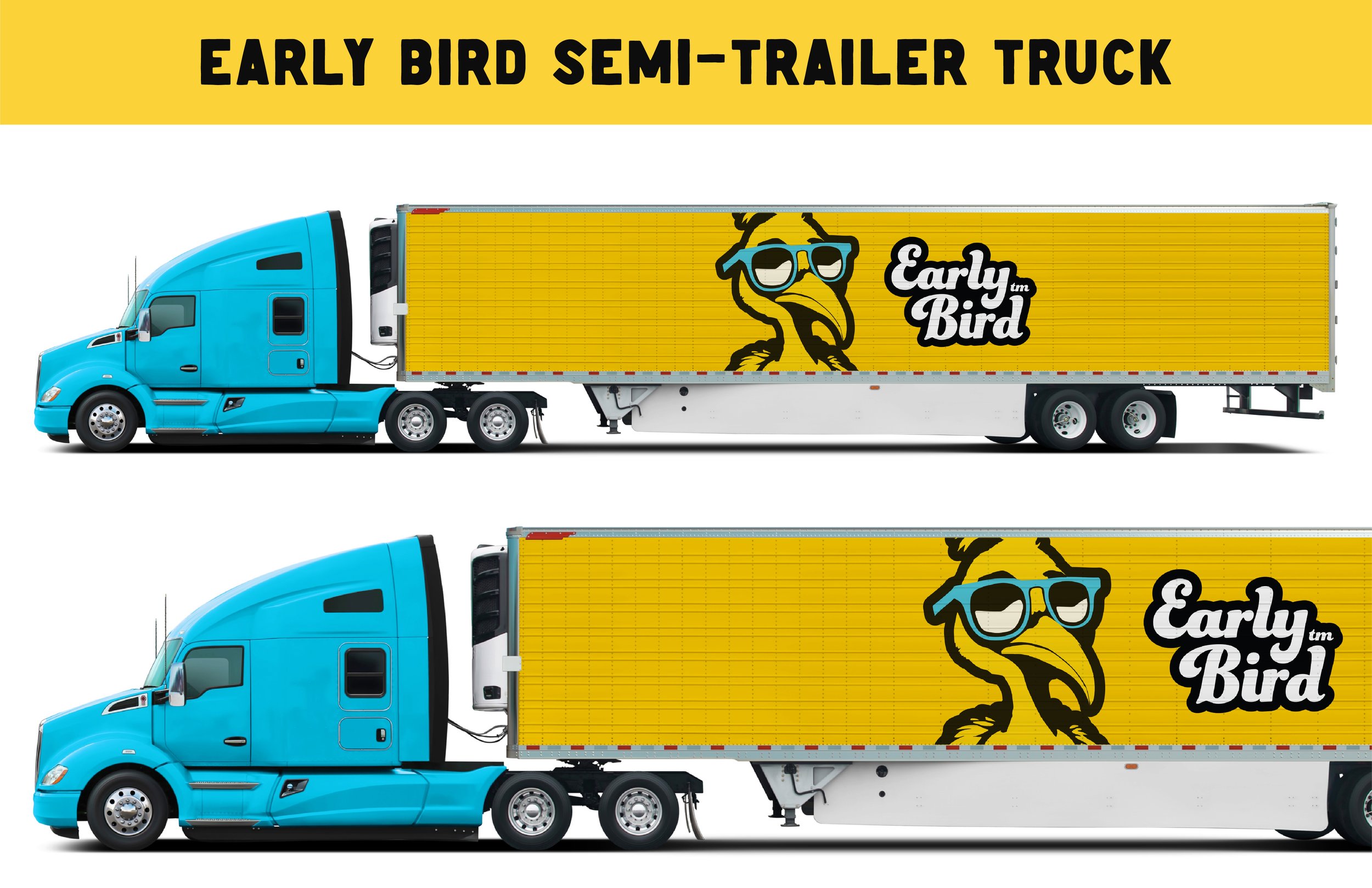 Blue semi-trailer truck with a yellow trailer featuring a cartoon bird wearing sunglasses and the text 'Early Bird'