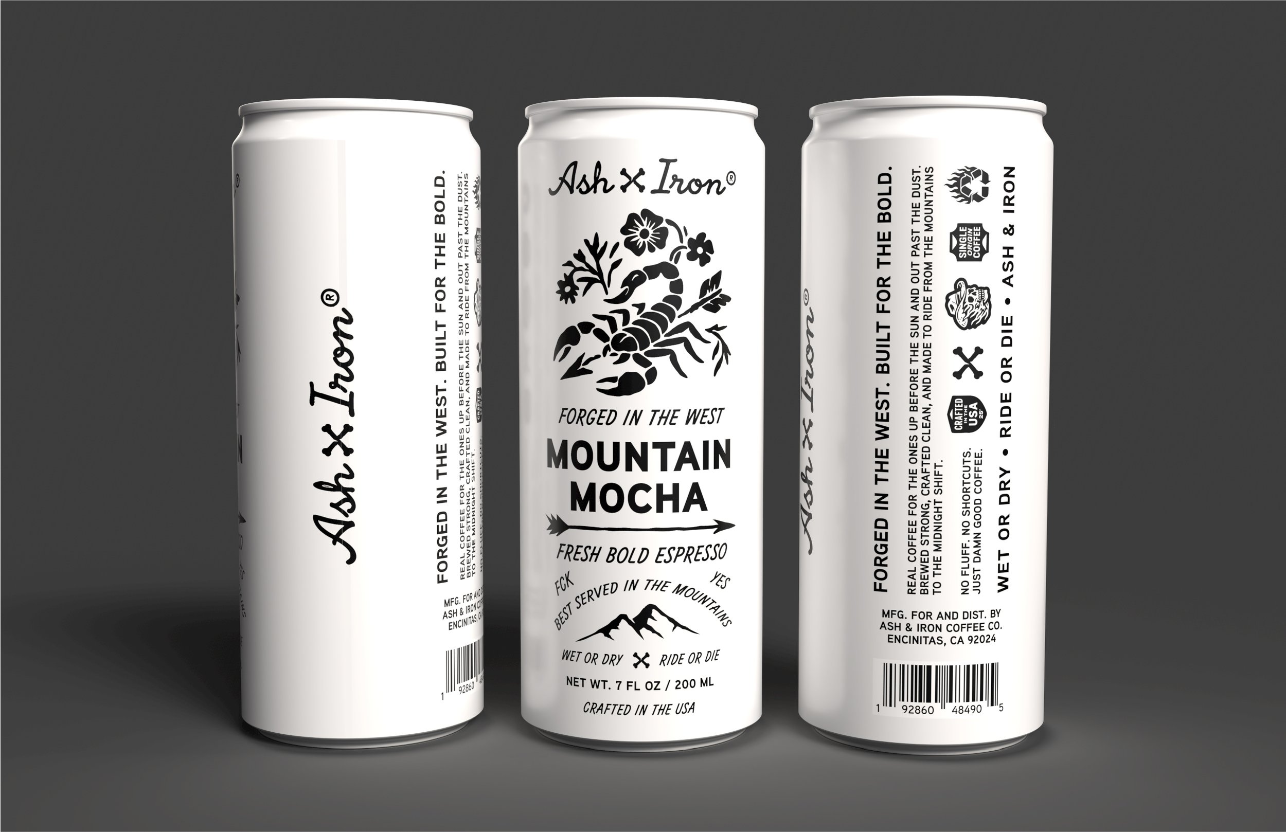 Three white cans of Ash & Iron Mountain Mocha coffee, with black text and graphics, standing against a dark background.