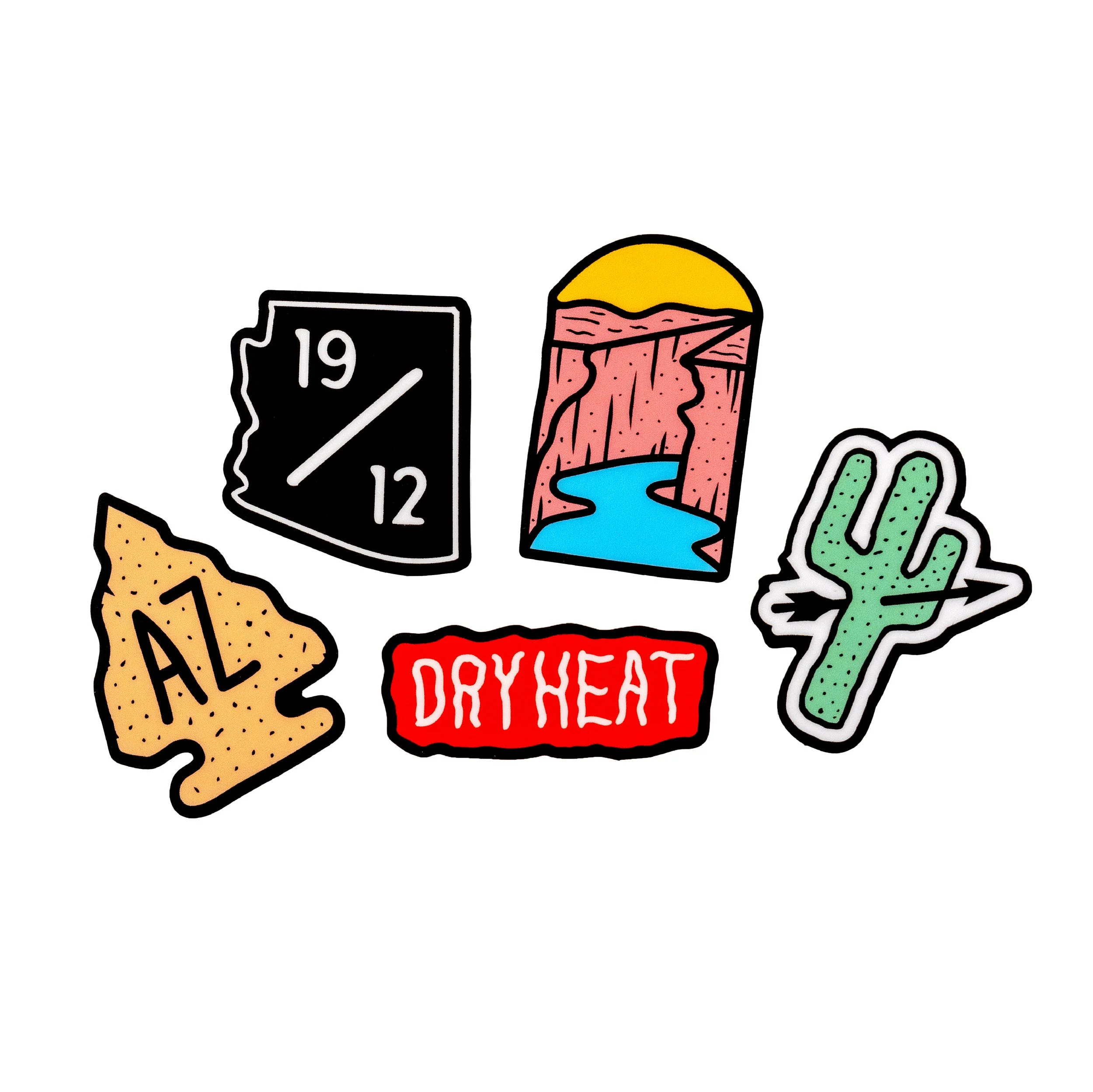 Collection of illustrated stickers including a road sign, mountain with water, arrowhead, and cactus.