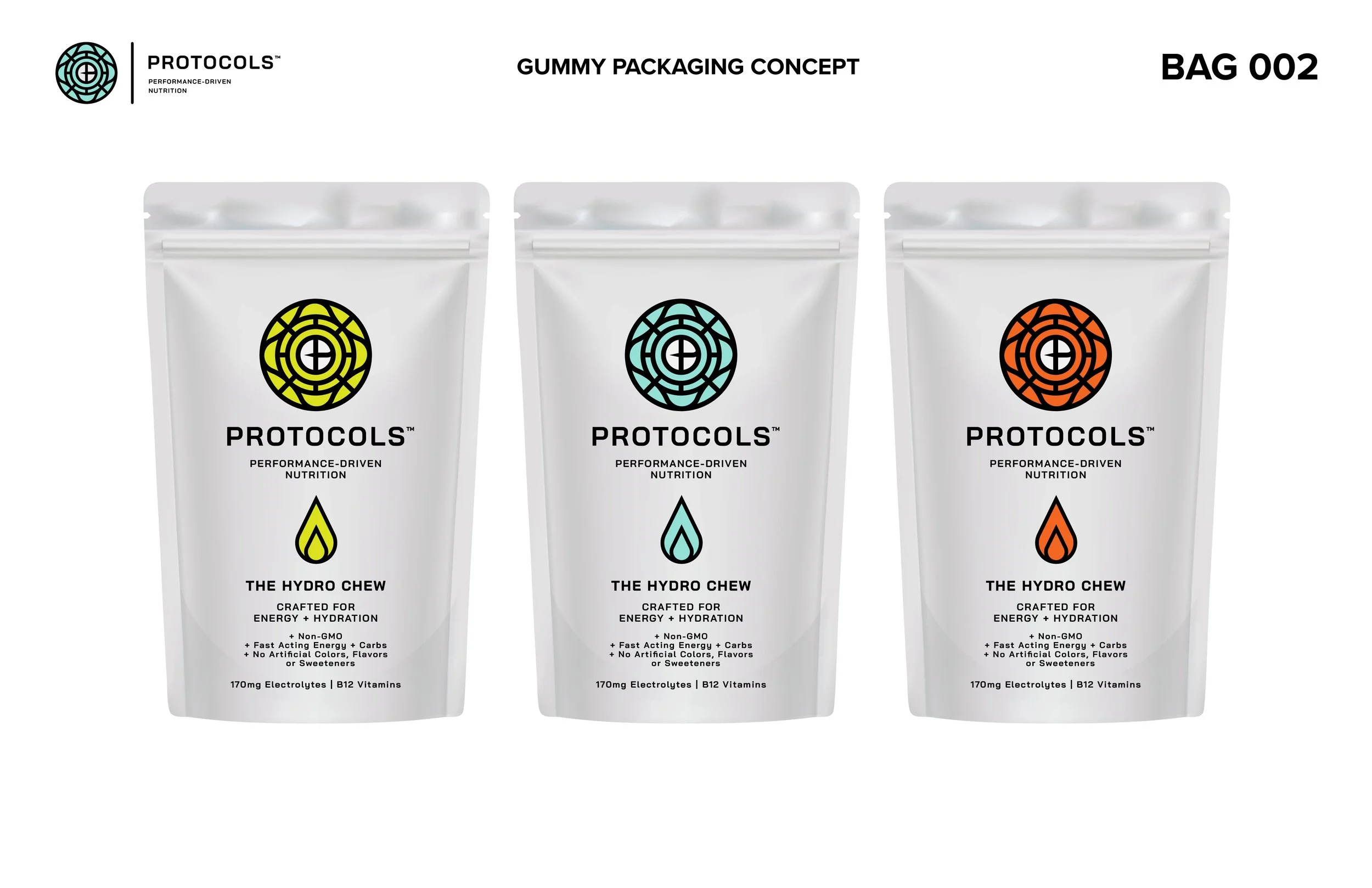 Three white resealable pouches with colorful circular logos and labels, displaying the Protocols brand performance-driven nutrition, featuring different flavors of the Hydro Chew energy chews styled as gummy packaging. The packages are labeled as Bag