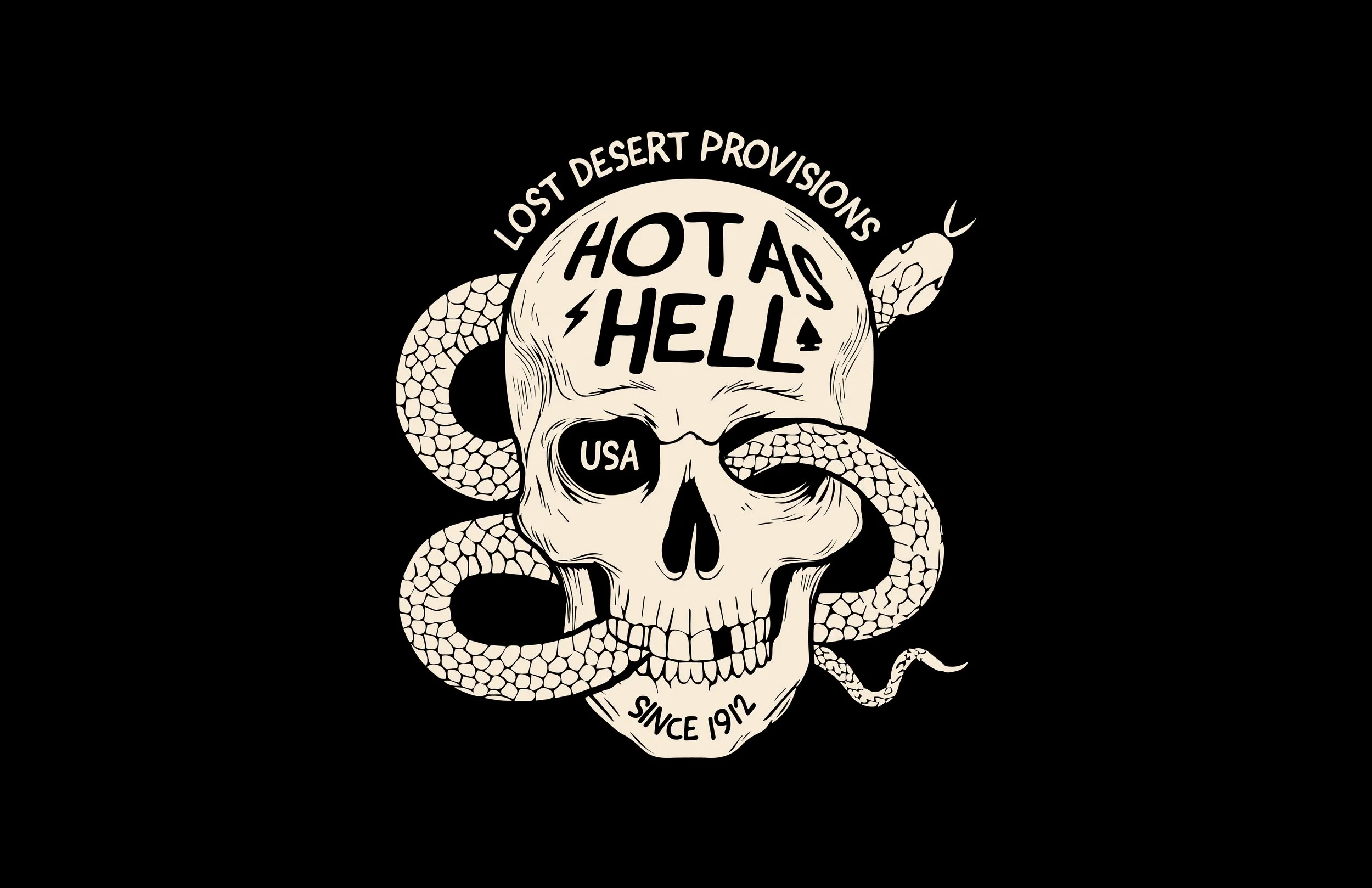 A skull with the text 'Hot as Hell' and 'Since 1912' on its forehead, surrounded by a snake against a black background.