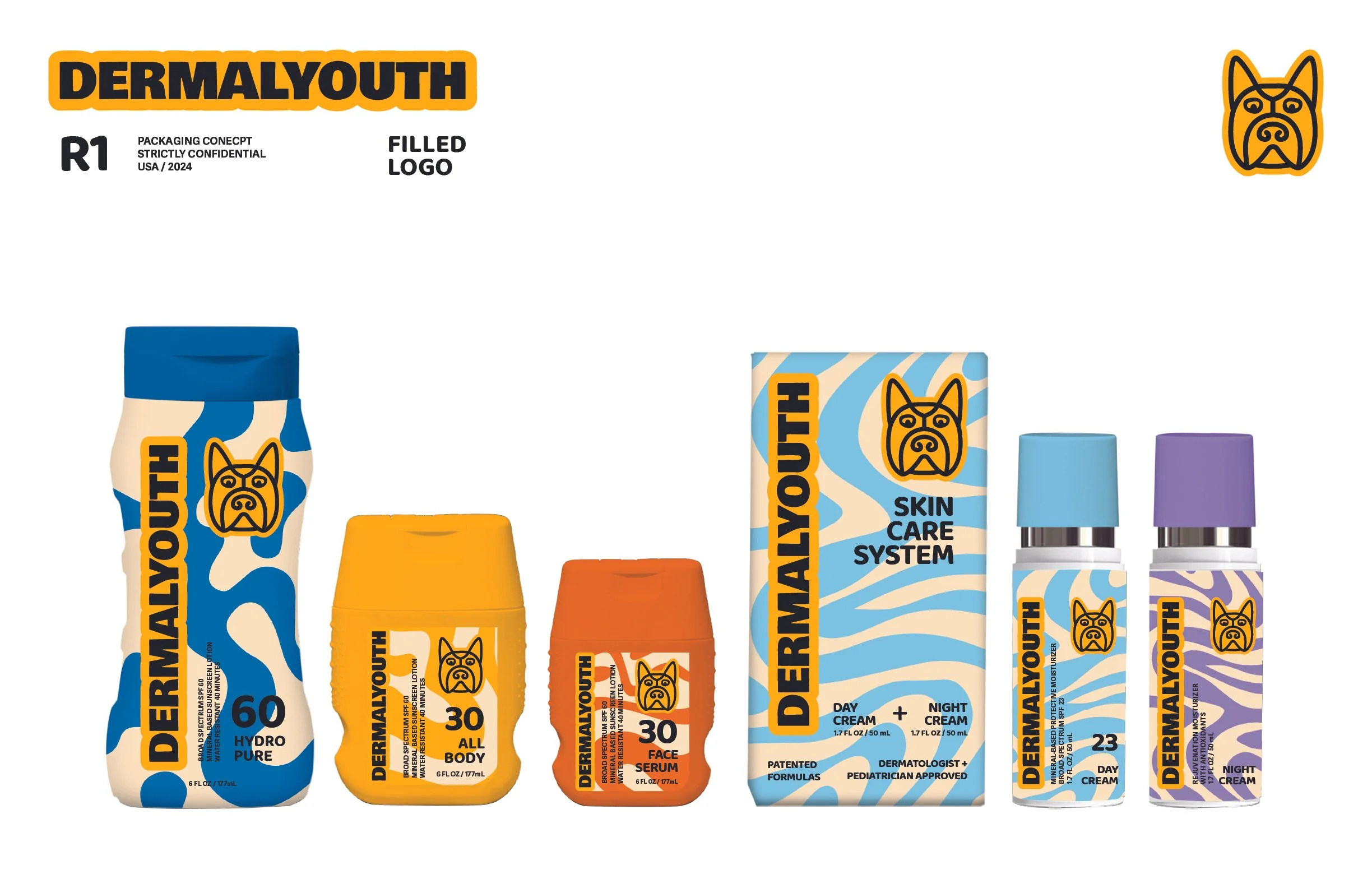 Collection of skincare products with bright, colorful packaging, including bottles and boxes from the brand Dermal Youth, arranged in a row.