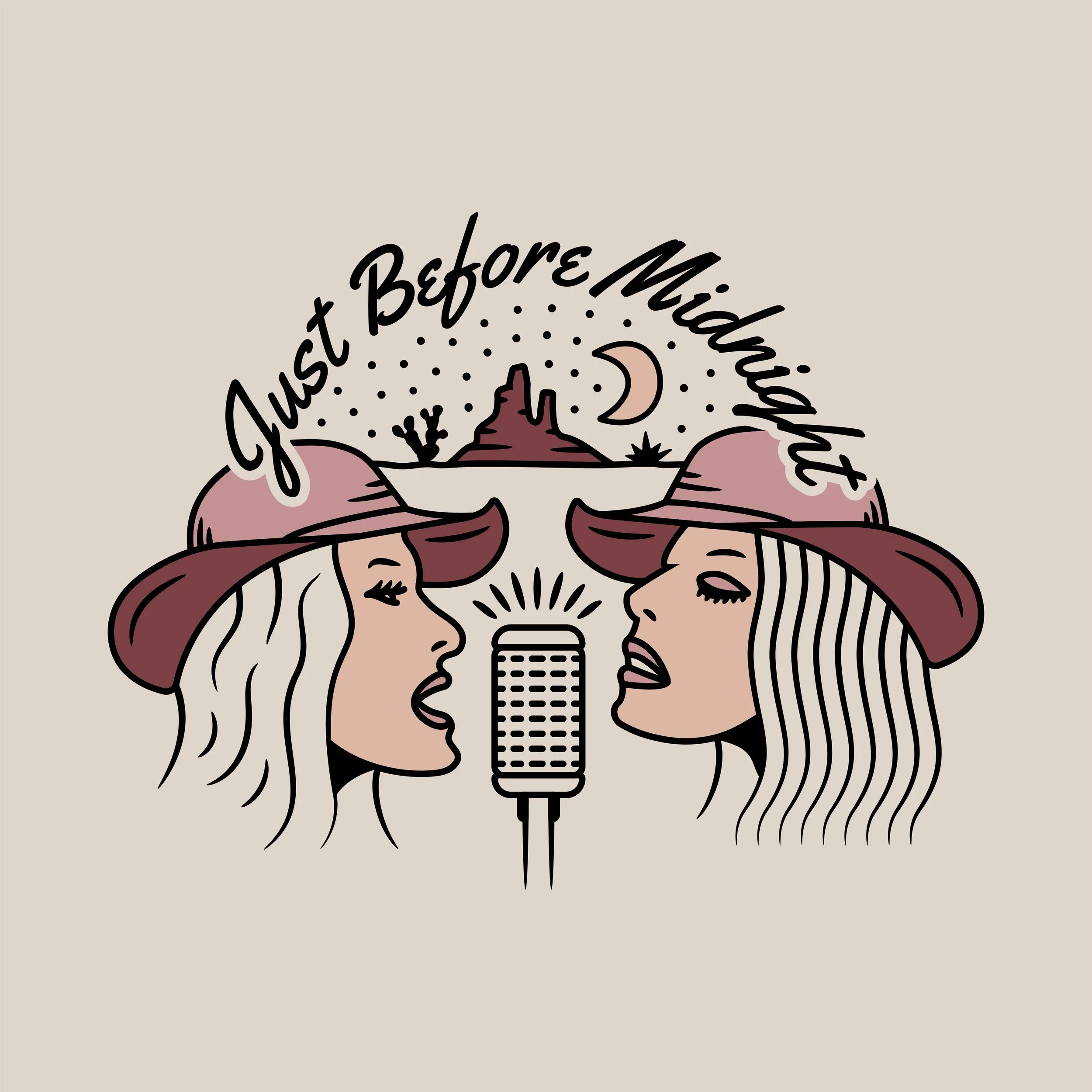 Graphic design featuring two women with long hair facing each other, a moon, a cactus, and a mountain scene, with the phrase 'Just Before Midnight' written above in a circular fashion.