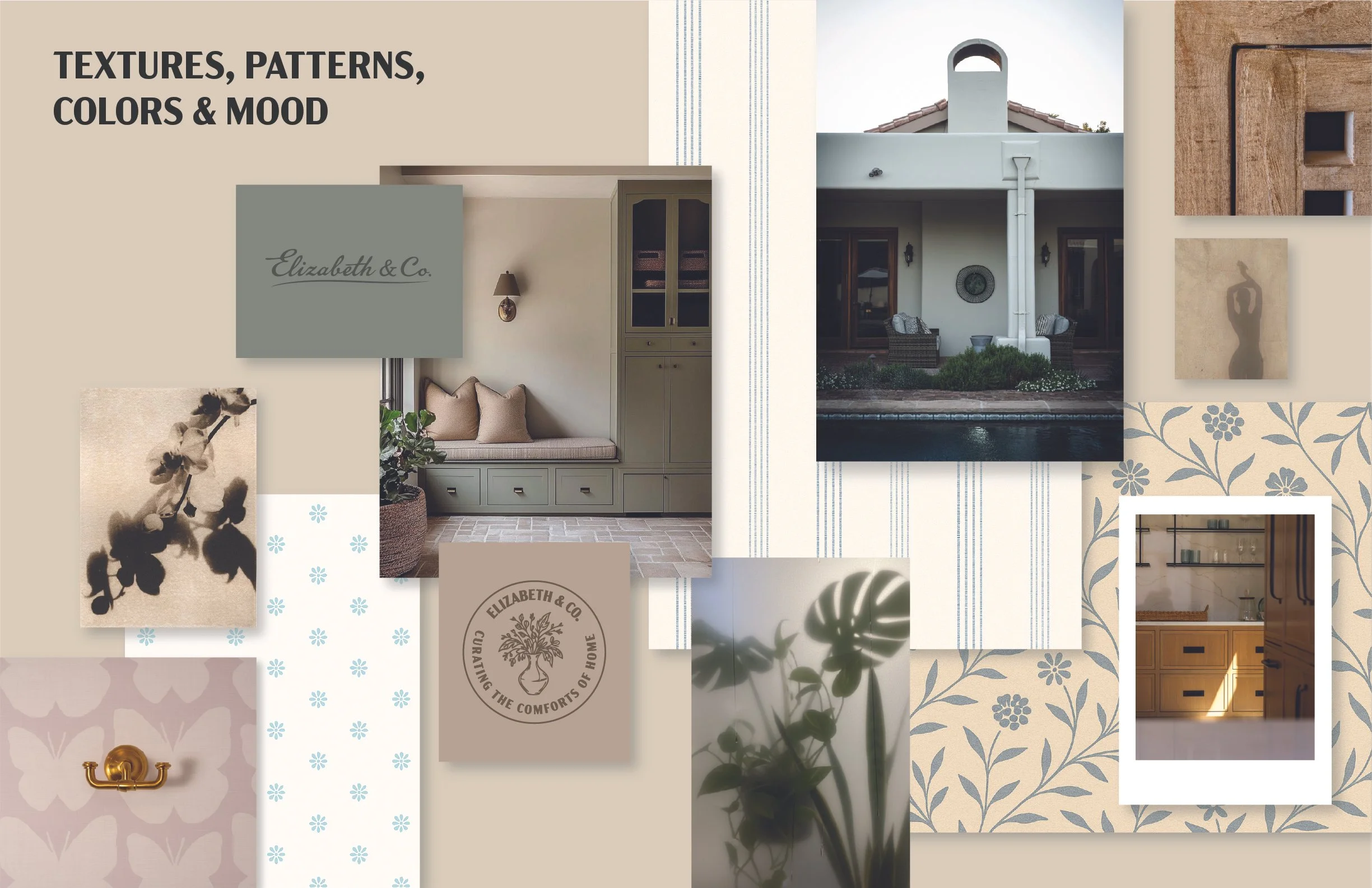 Collage of interior and exterior home design elements, including walls with various textures and patterns, a patio with seating and a chimney, and decorative accessories such as lamps and artwork.