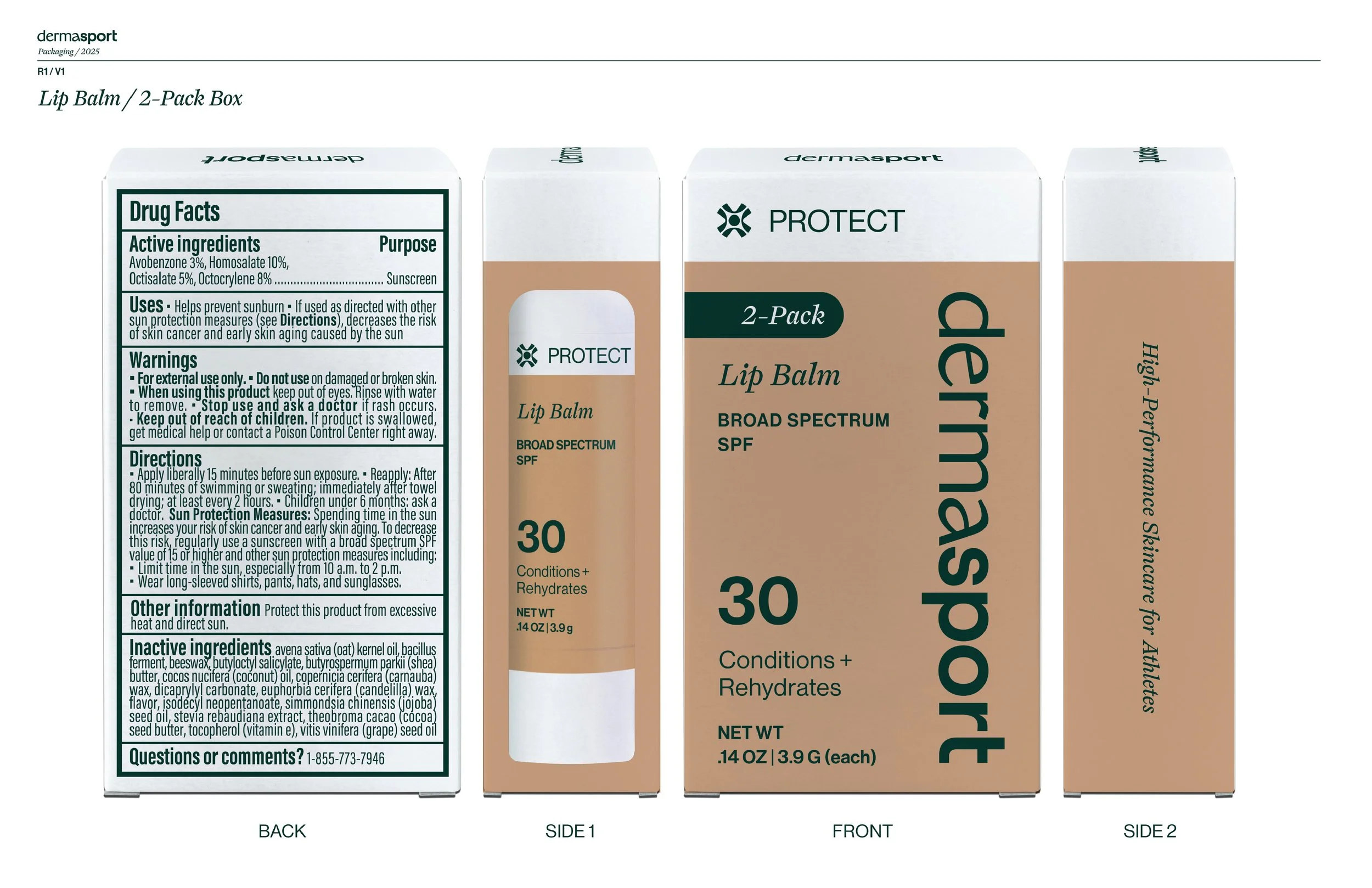 Packaging of Dermasport Broad Spectrum SPF 30 lip balm with instructions, ingredients, and warnings on the back and sides of the box.