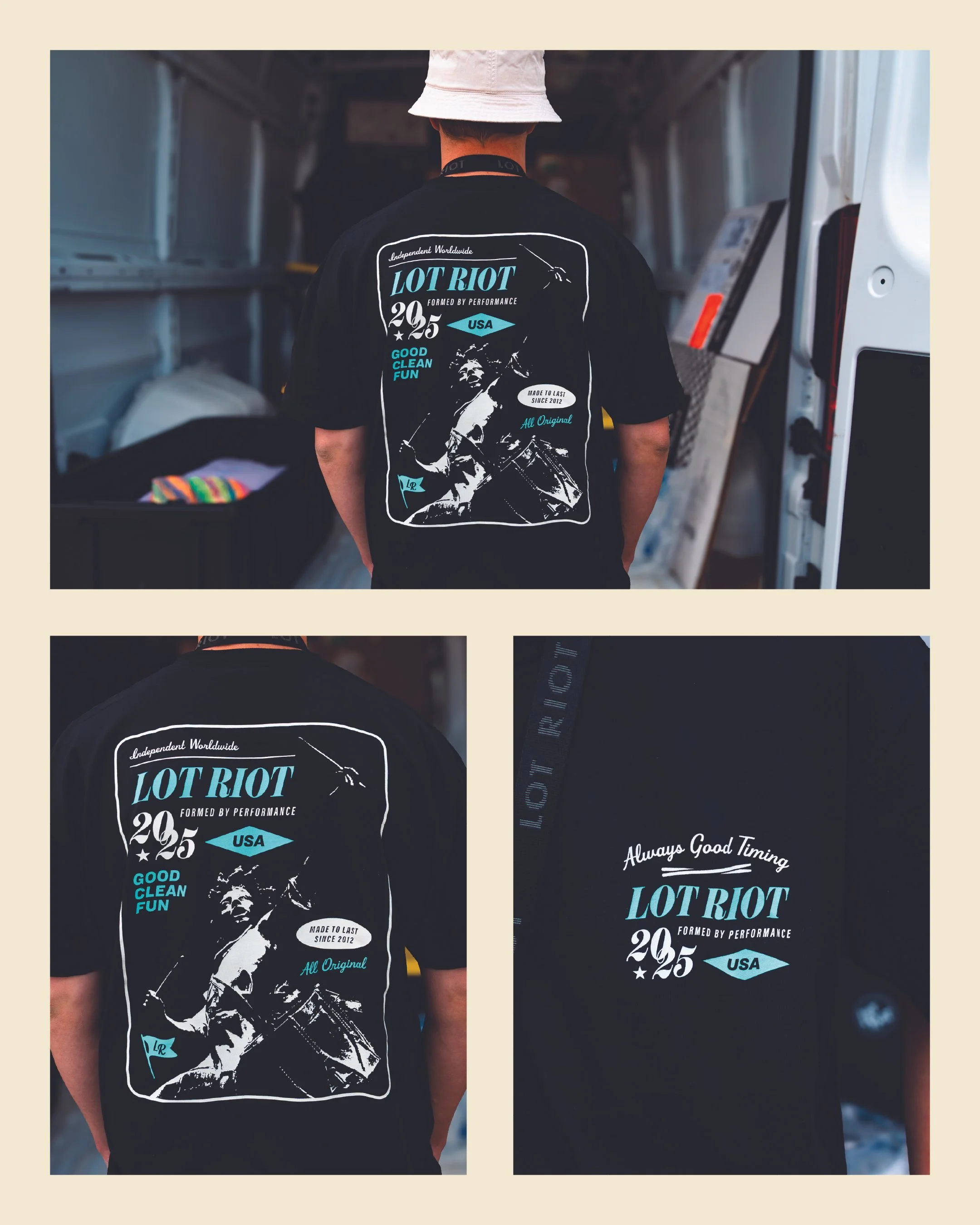 Person wearing a black T-shirt with graphic design and text, including "Lot Riot," "formed by performance," and "USA," inside a vehicle with shelving and a container with colorful items.