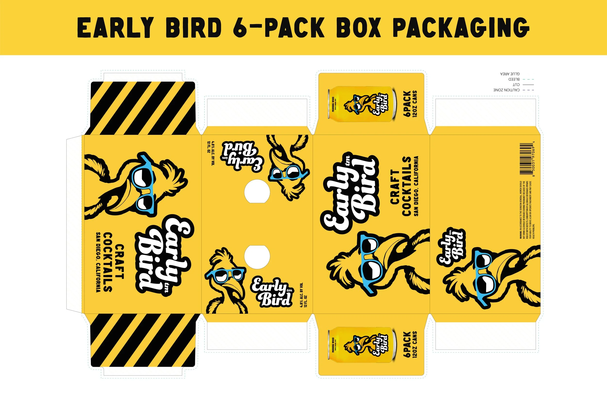Design of a yellow box for Early Bird 6-pack beer cans with black and yellow caution stripes, featuring the Early Bird logo with a cartoon bird wearing sunglasses and the text 'Craft Cocktails San Diego, California.'