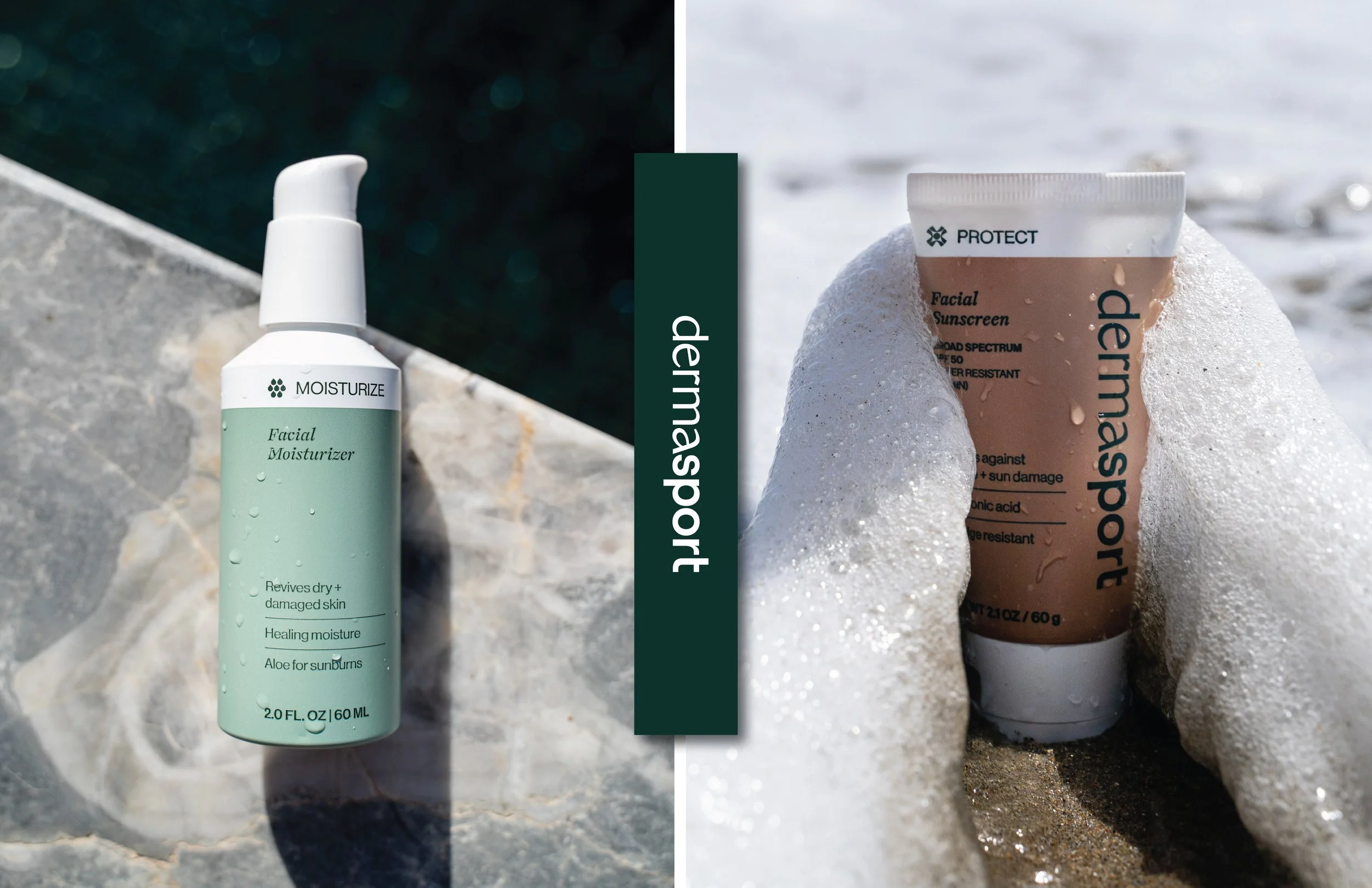 Side-by-side pictures of facial skincare products on rocks by the beach. The left image shows a light green bottle labeled 'Facial Moisturizer,' and the right image shows a brown tube labeled 'Facial Sunscreen' with water droplets on it.