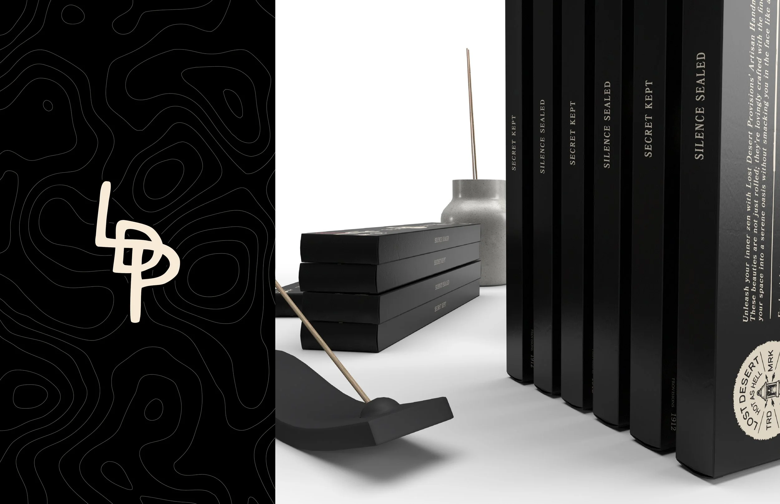 Display of black books with white text and a small white circle seal on the right side, along with a gray concrete vase and a book titled "Silence Sealed" on a white surface, with a black decorative panel featuring a topographic map pattern and a sty