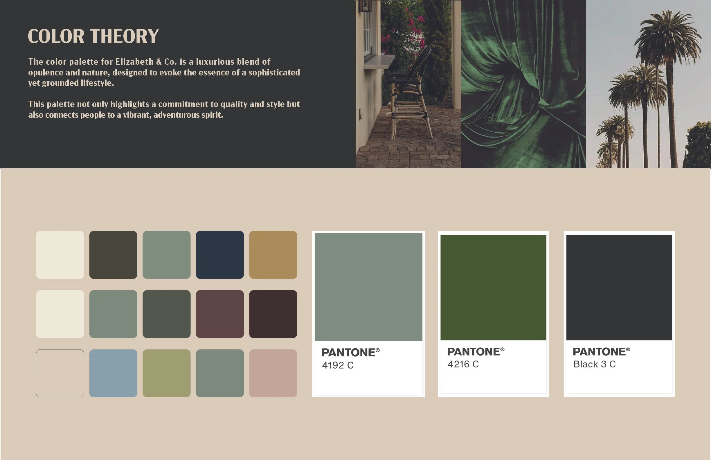 A color palette chart titled "Color Theory" featuring a selection of muted and earthy tones, with a description of the palette inspired by nature for Elizabeth & Co. The palette emphasizes opulence, nature, and a sophisticated lifestyle. The colors i