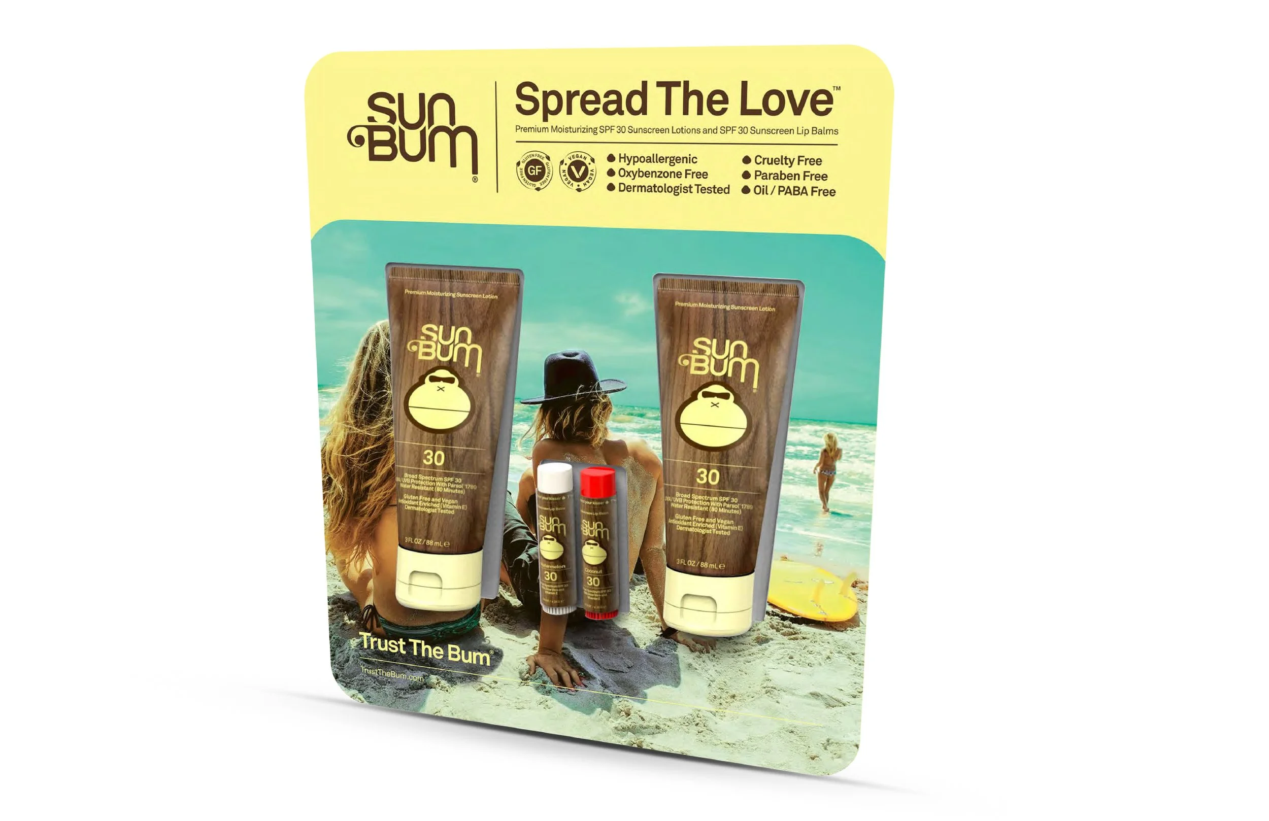 Sun Bum SPF 30 sunscreen products with beach scene background showing women and children on the beach.