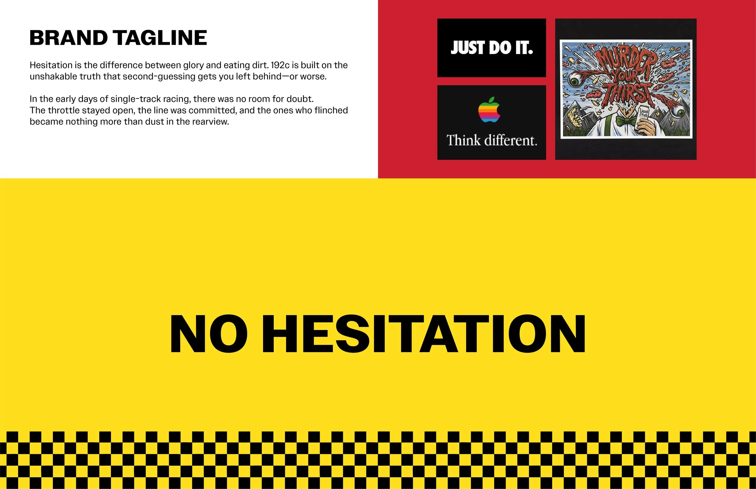 A race car driver with a checkered flag on a yellow background, advertising for a no hesitation racing event.