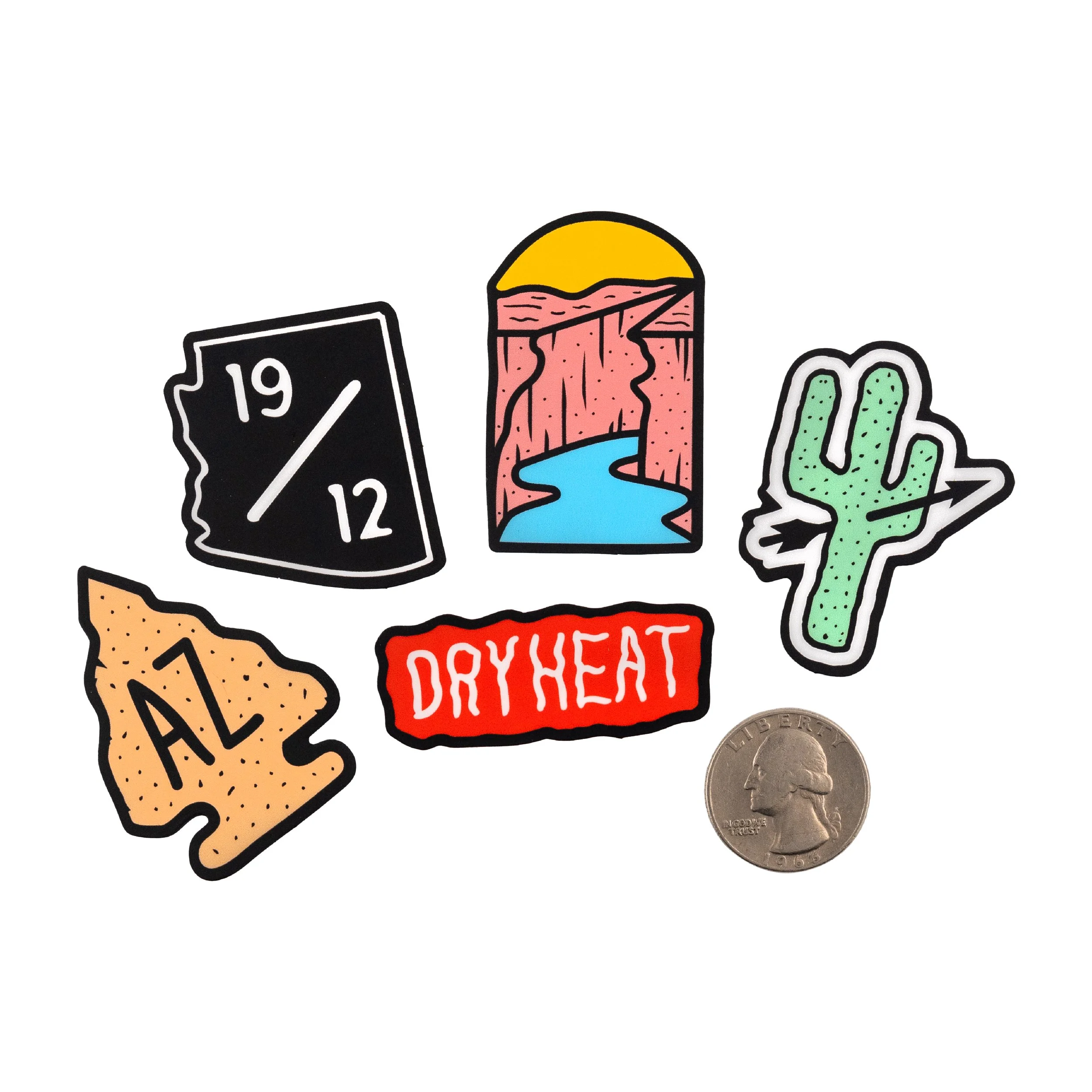 Colorful illustrated stickers and a quarter on a white background.