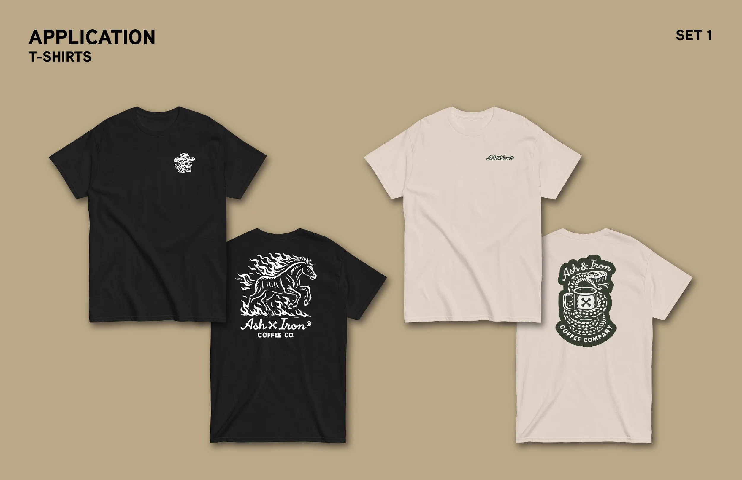 Set of four T-shirts, two black and two white, with various graphic designs and text, laid out on a beige background.