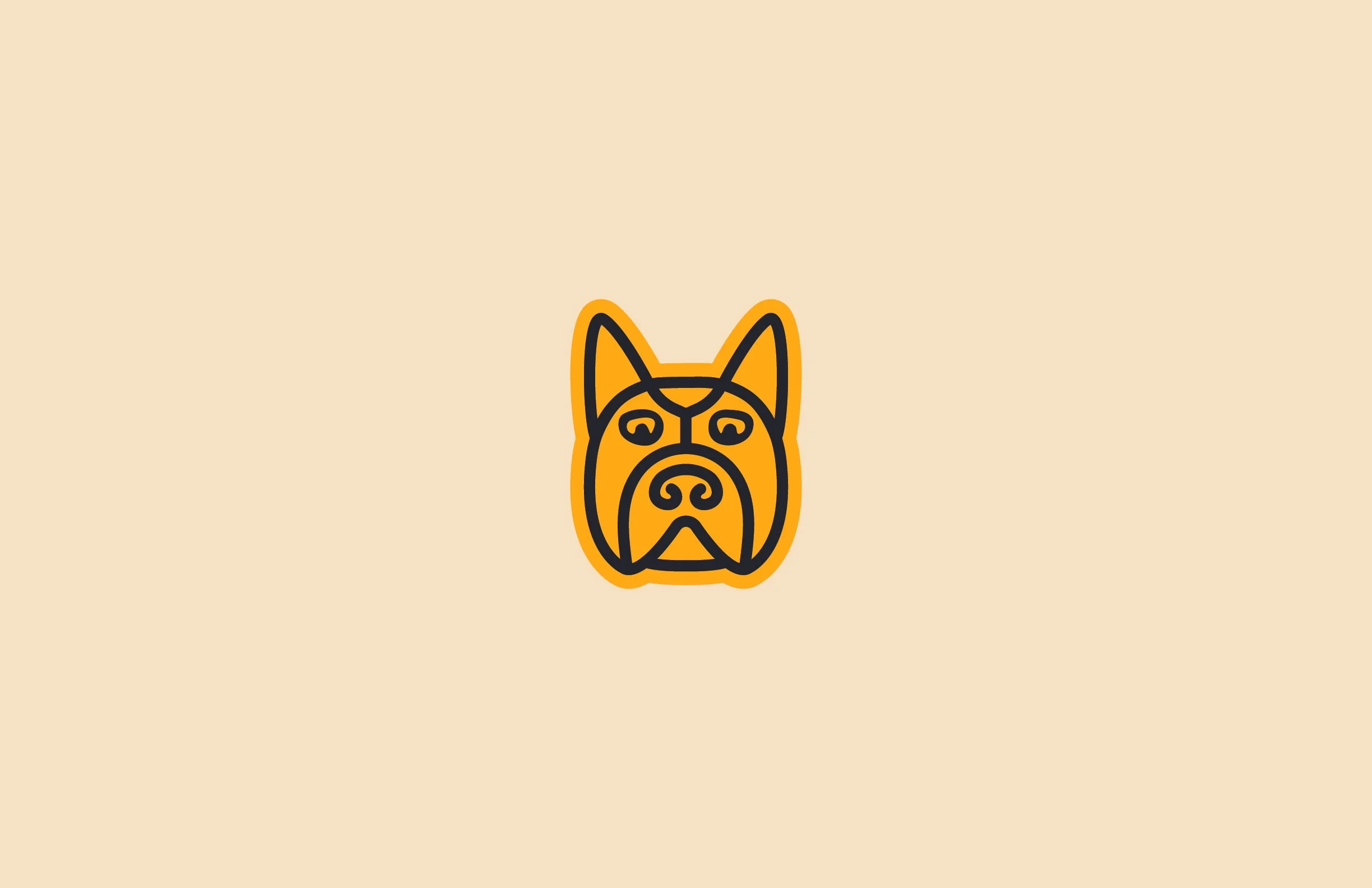 Simplified cartoon illustration of a dog's face on a beige background.