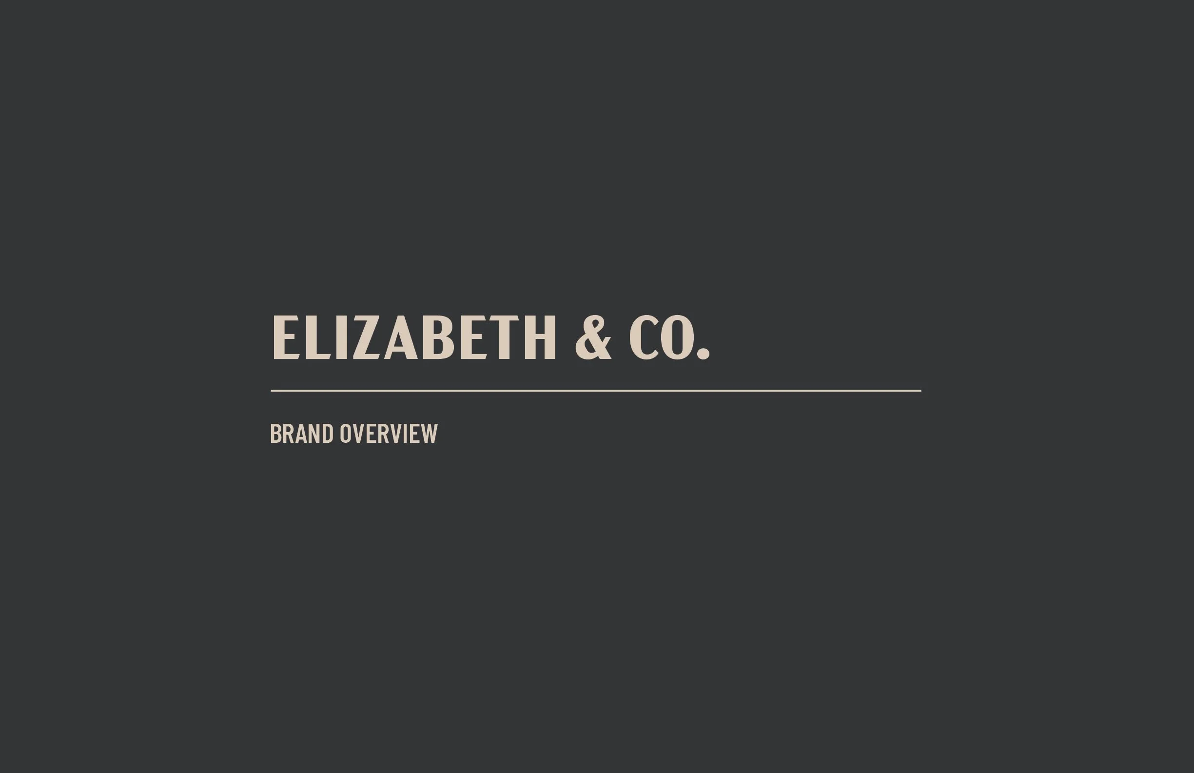 Slide presentation cover titled 'Elizabeth & Co. Brand Overview' on a dark background.