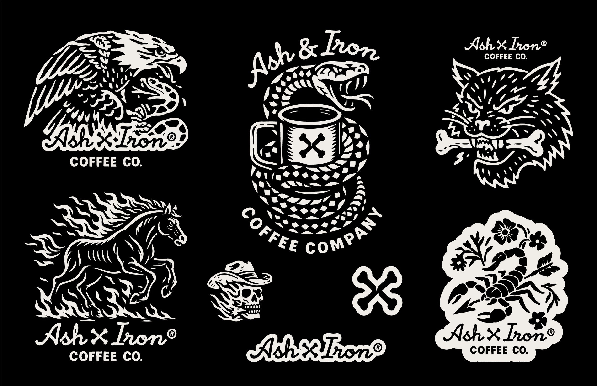 Collection of black-and-white logo designs for Ash & Iron Coffee Co., featuring a roaring eagle, a snake wrapped around a coffee cup, a fierce cat, a horse, a skull, flowers, and crossbones.