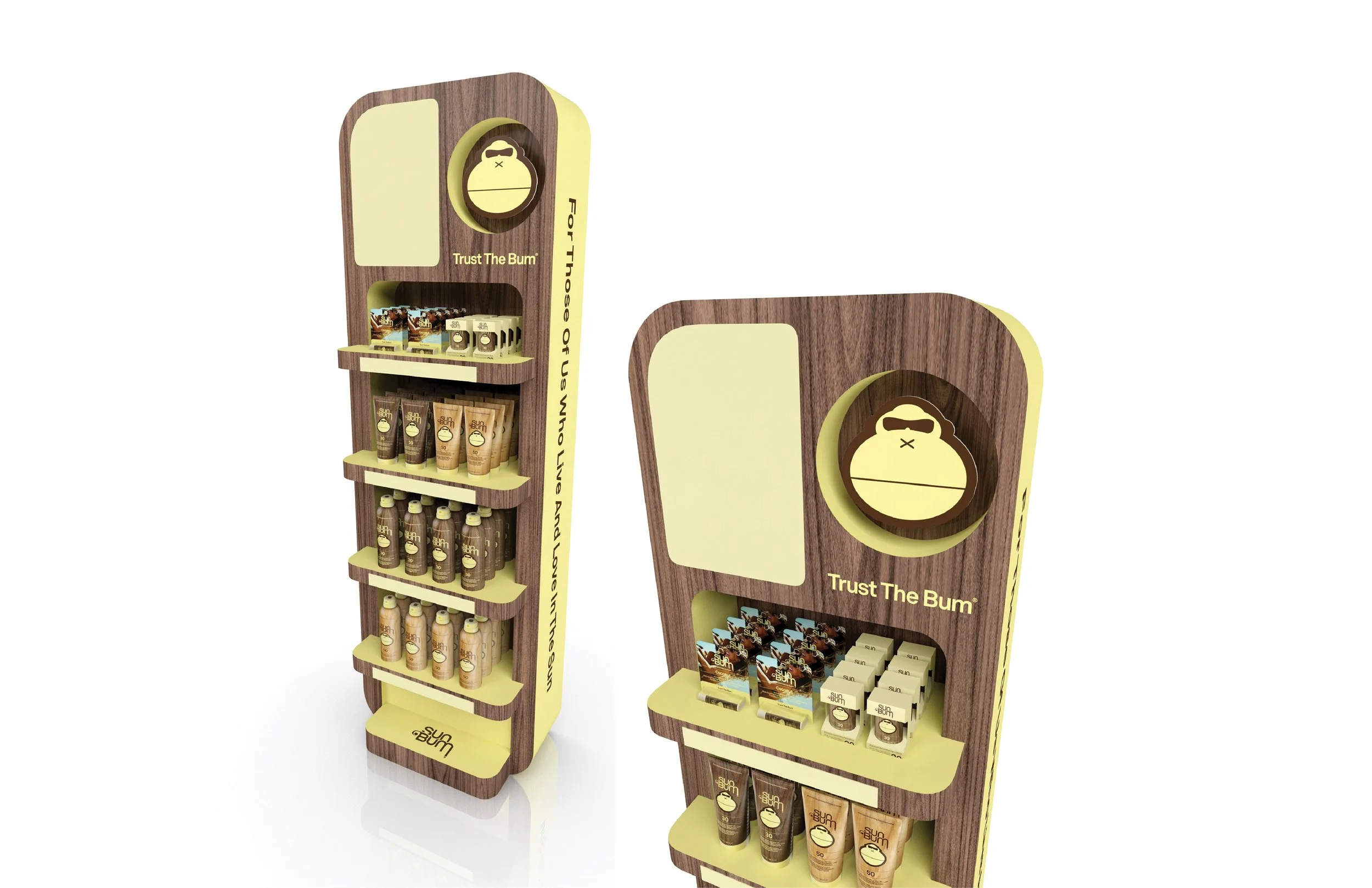 Two freestanding display units made of wood and light-colored surfaces, showcasing sun protection products. The units have a logo of a stylized sun with sunglasses and the slogan 'Trust The Bum' on the side. The display on the left features bottles a