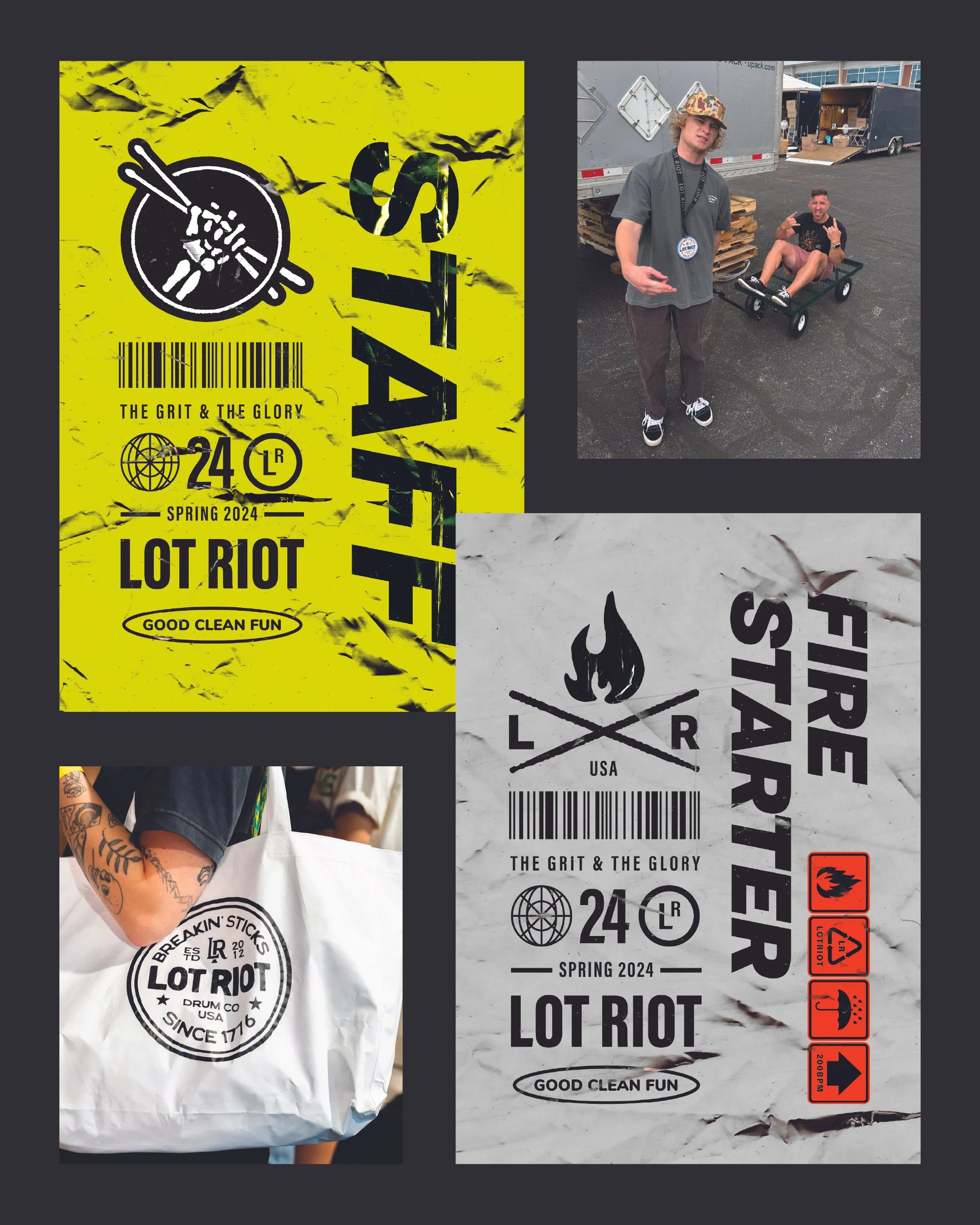 Two posters for the band Lot Riot showing event details for Spring 2024. One poster is yellow with black and white text and graphics, the other is white with black text and red warning icons. Both promote the band and include a barcode, globe, and th
