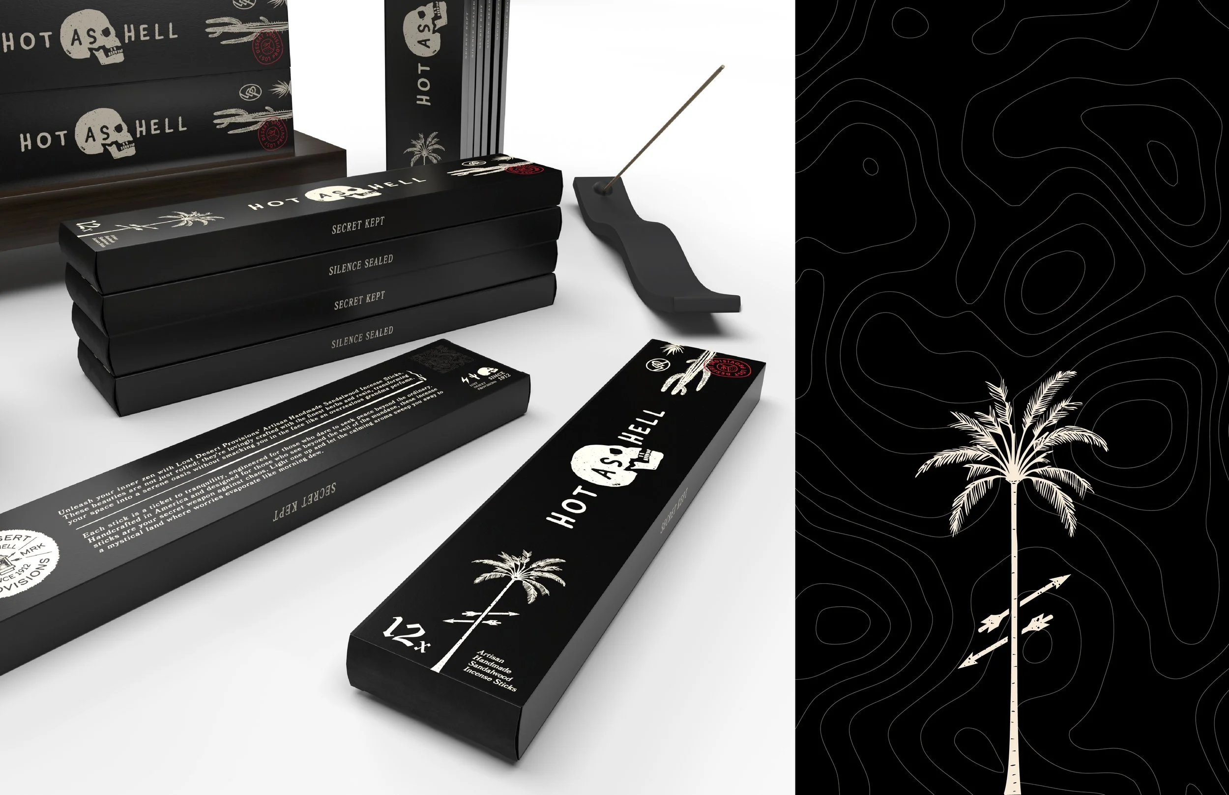 Black boxes labeled 'HOT AS HELL' with skull and palm tree graphics, a black incense holder, and matchsticks, with a black background featuring palm trees and a compass rose.