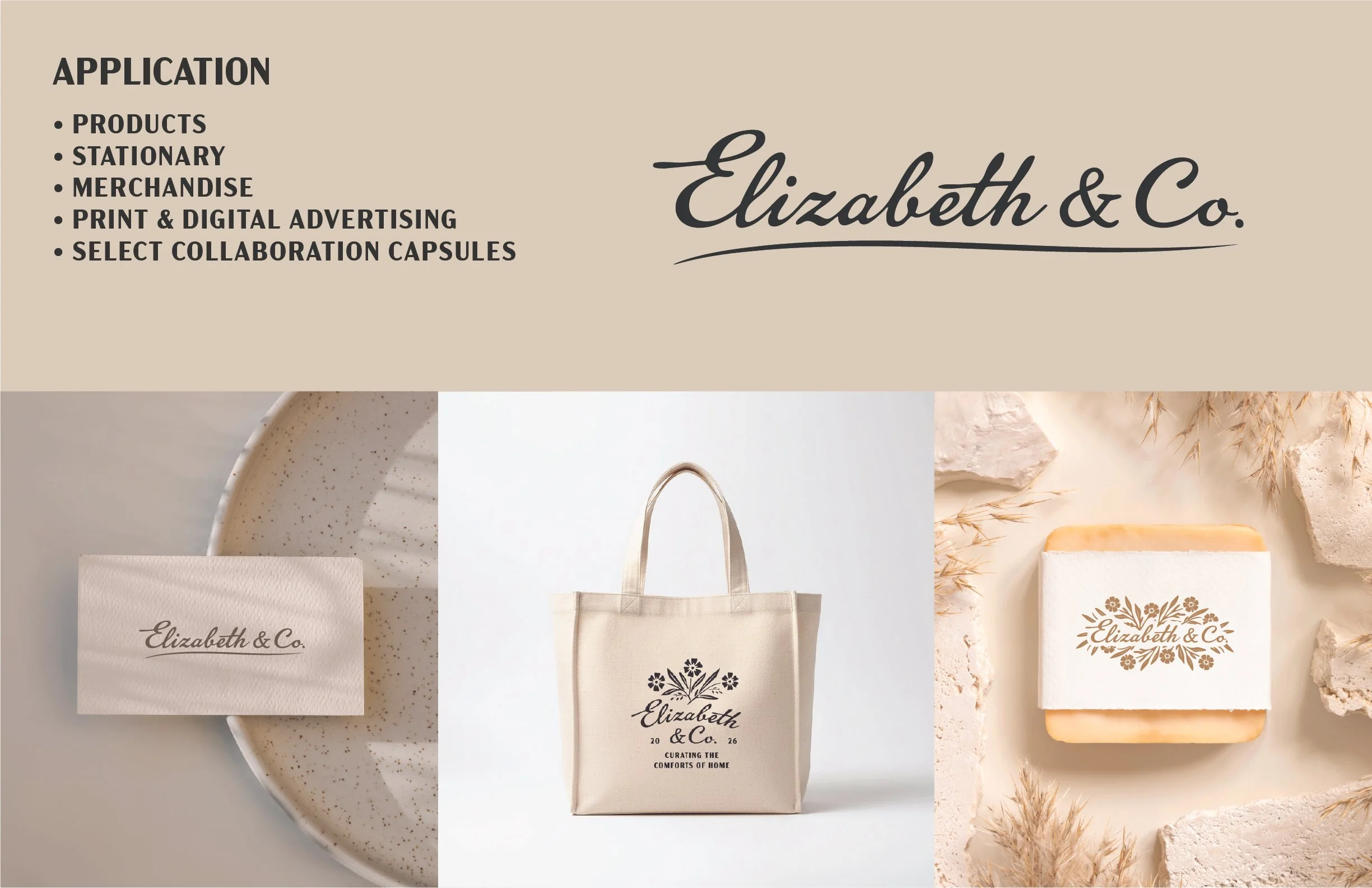 Various branded stationery items and merchandise, including tote bags and soap bars, with beige and neutral tones, decorated with natural elements and the Elizabeth & Co. logo.