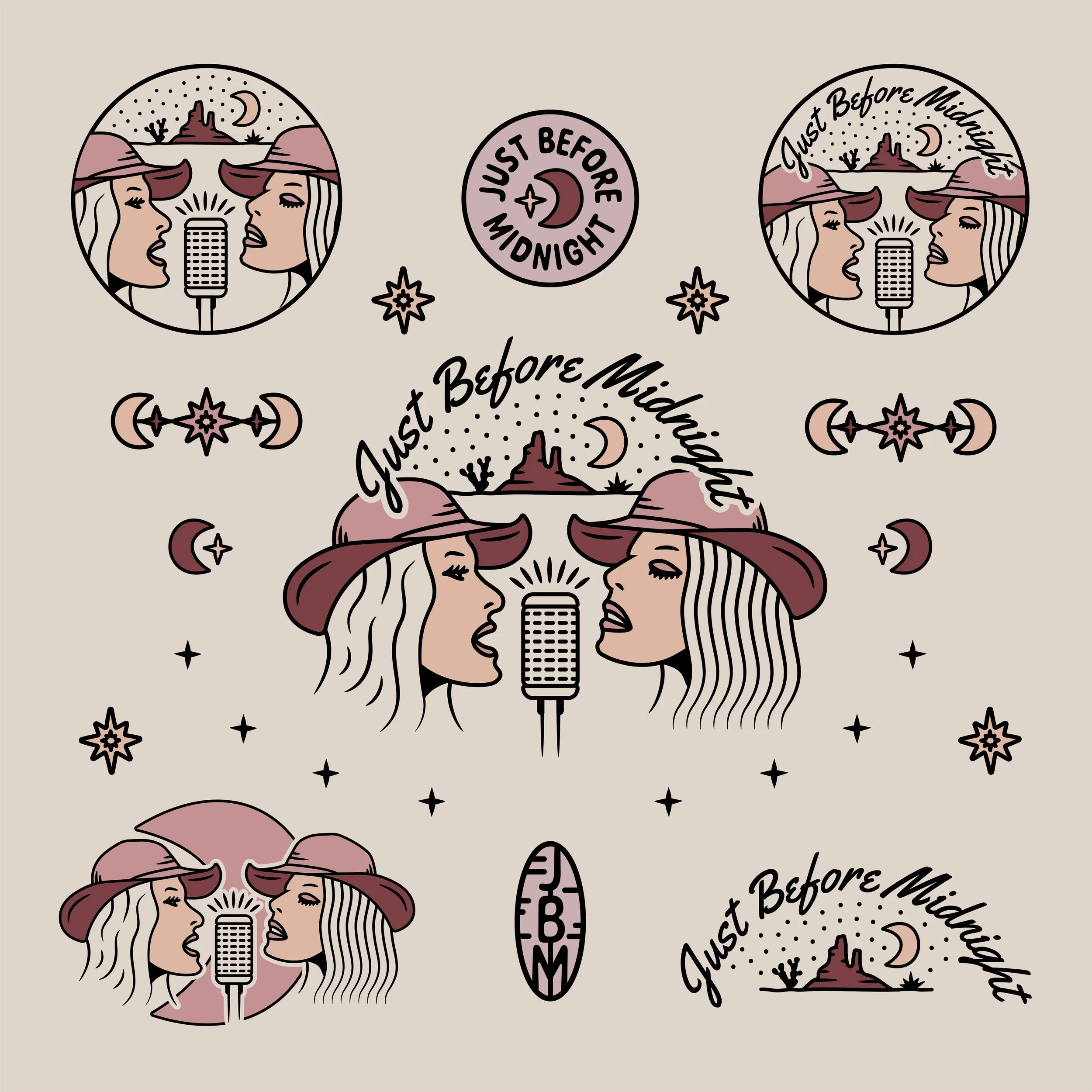 A repeating pattern of two illustrated women singing into a microphone, wearing pink wide-brimmed hats and having long hair, with desert landscape, crescent moons, stars, and decorative elements around them, and phrases like "Just Before Midnight"