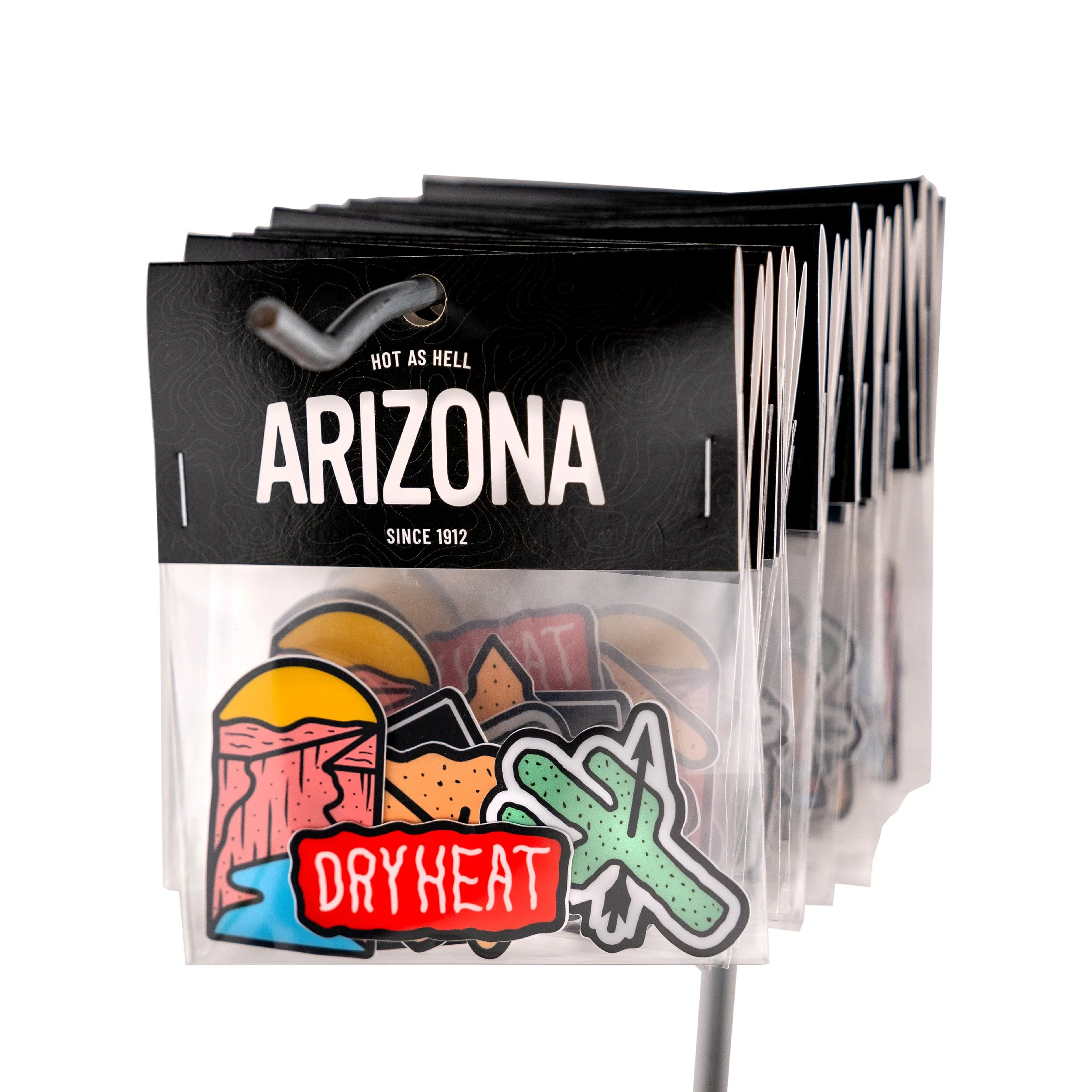 A collection of colorful stickers featuring designs related to Arizona, including a cactus, arrowhead, and DRYHEAT. Some stickers have bold black outlines and vibrant colors.
