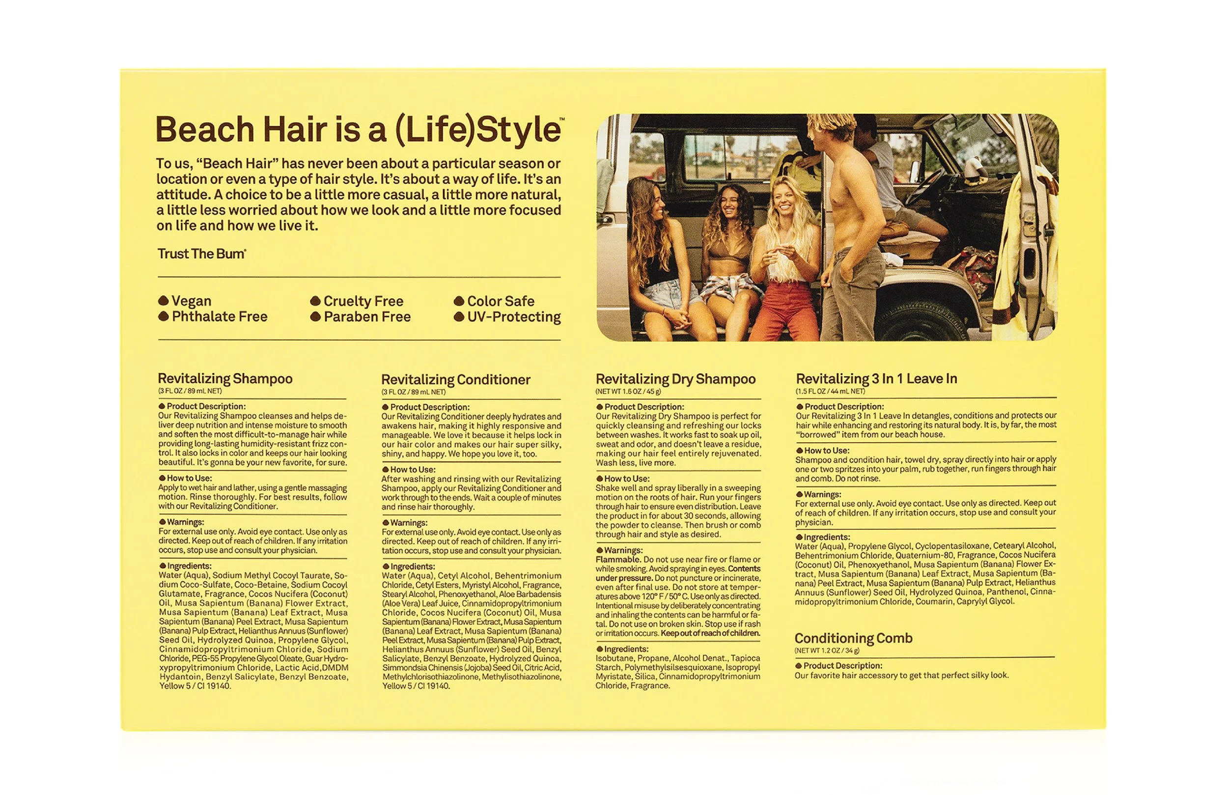 Product packaging with text about beach hair lifestyle, images of women sitting near a van, and descriptions of hair care products like shampoo, conditioner, and styling treatments.