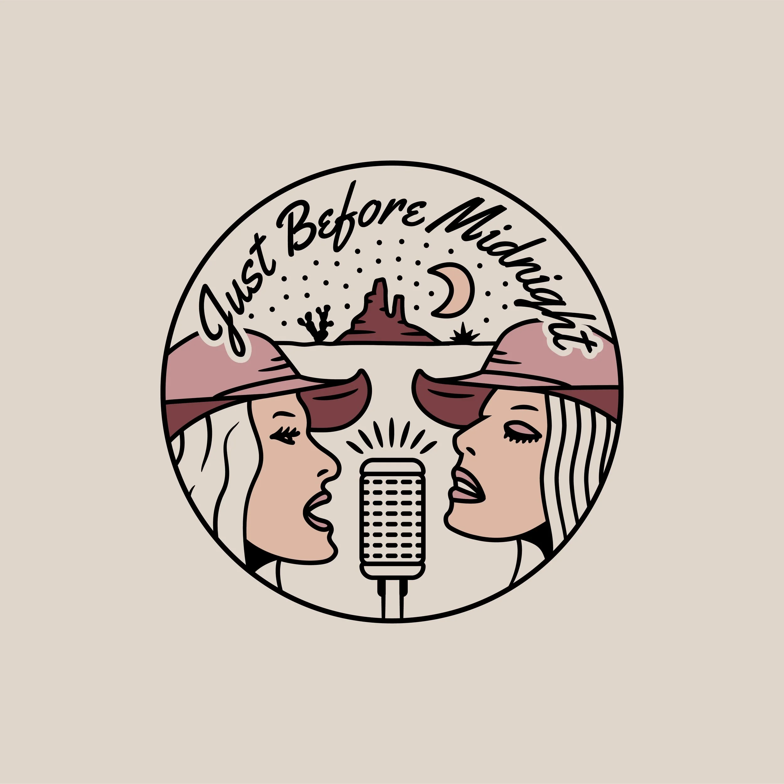 Illustration of a skull with a microphone inside, surrounded by two faces with different expressions and hair styles. The skull has a banner across it with the words 'Just Before Midnight' written on it.