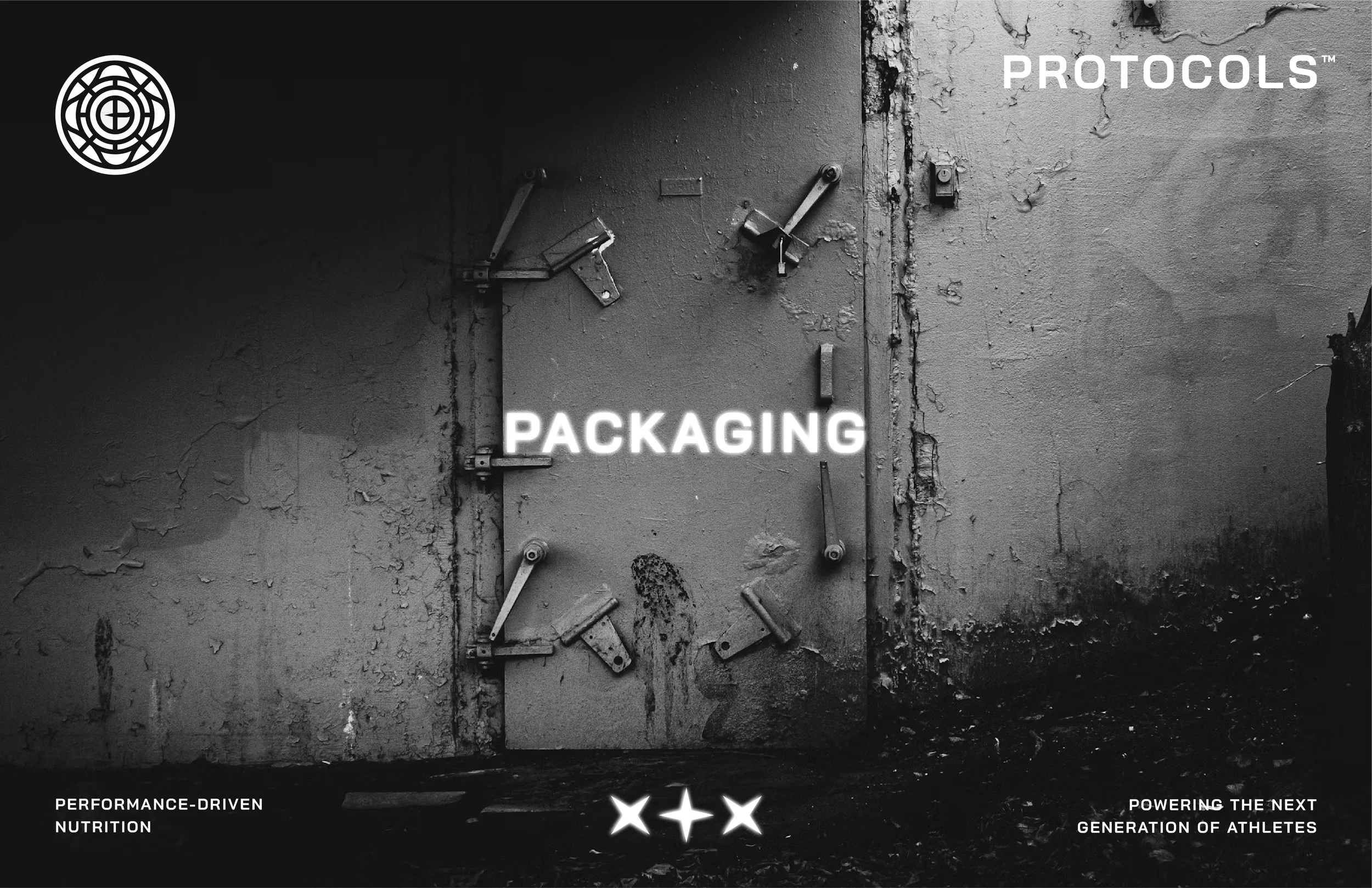 Black and white image of a cracked, weathered wall with an over-sized, broken metal door secured with old hinges. Bright white neon-style text reads 'PACKAGING' in the lower center. The top right corner features the word 'PROTOCOLS' in white. The bot