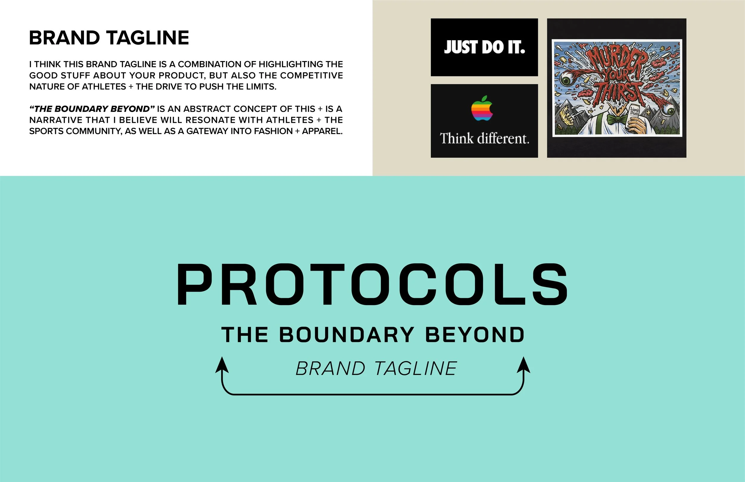 A presentation slide with a white background that contains a placeholder for a brand tagline, some explanatory text, and a visual with two logos and some artwork. The logos include one for Nike with the slogan 'Just Do It,' and another for Apple with