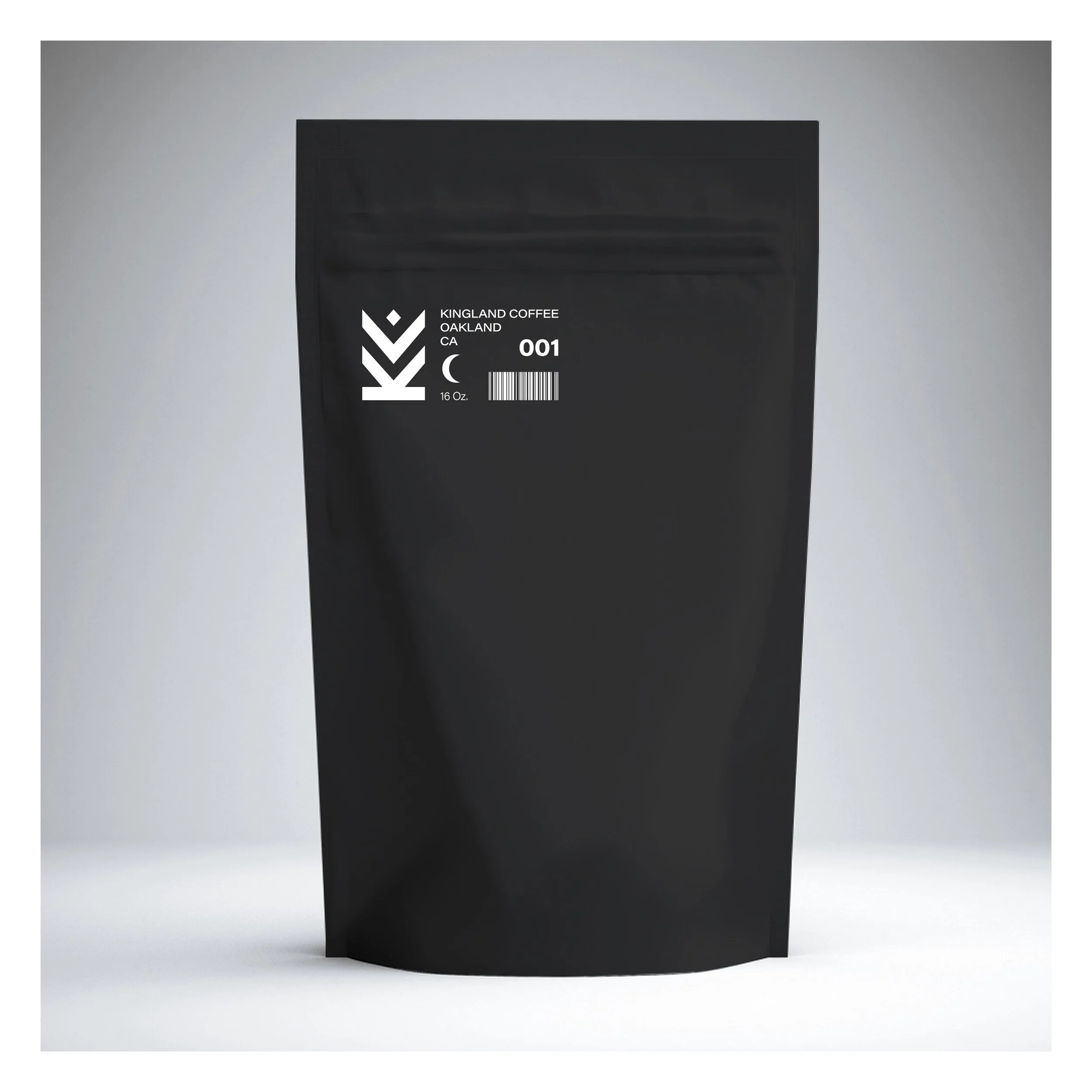Black coffee bag labeled 'Kingland Coffee Oakland CA, 001, 16 Oz.' on a gray background.