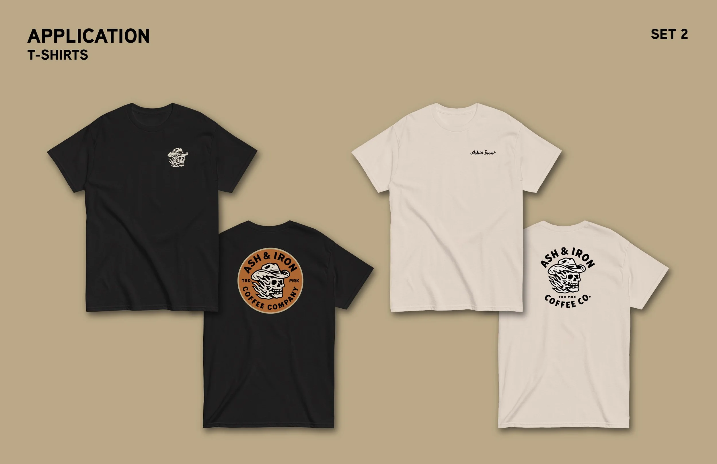 Display of four T-shirts with graphic and text designs, two black T-shirts featuring a skull and a logo for Ash & Iron Coffee Company, and two white T-shirts with the same logo and text.