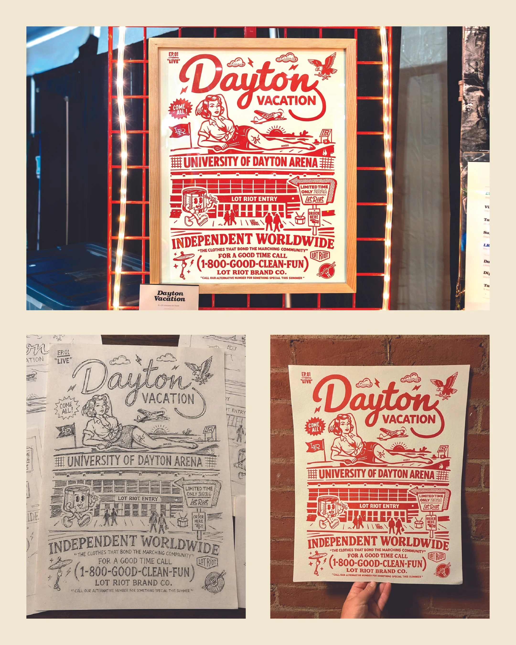 Side by side comparison of two posters promoting Dayton vacation at the University of Dayton Arena. The left poster is a black-and-white coloring page, while the right poster is a colored print on red paper at WGI Finals in Dayton, Ohio.