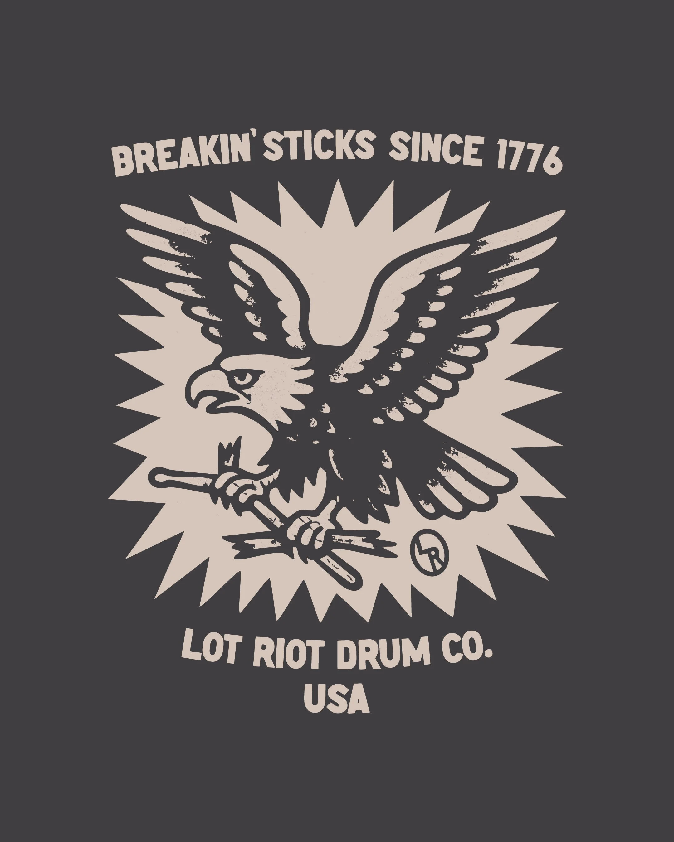 Logo of Lot Riot Drum Co. featuring an eagle with outstretched wings holding a drumstick in its talons, with the company name and founding year, 1776, above and below.