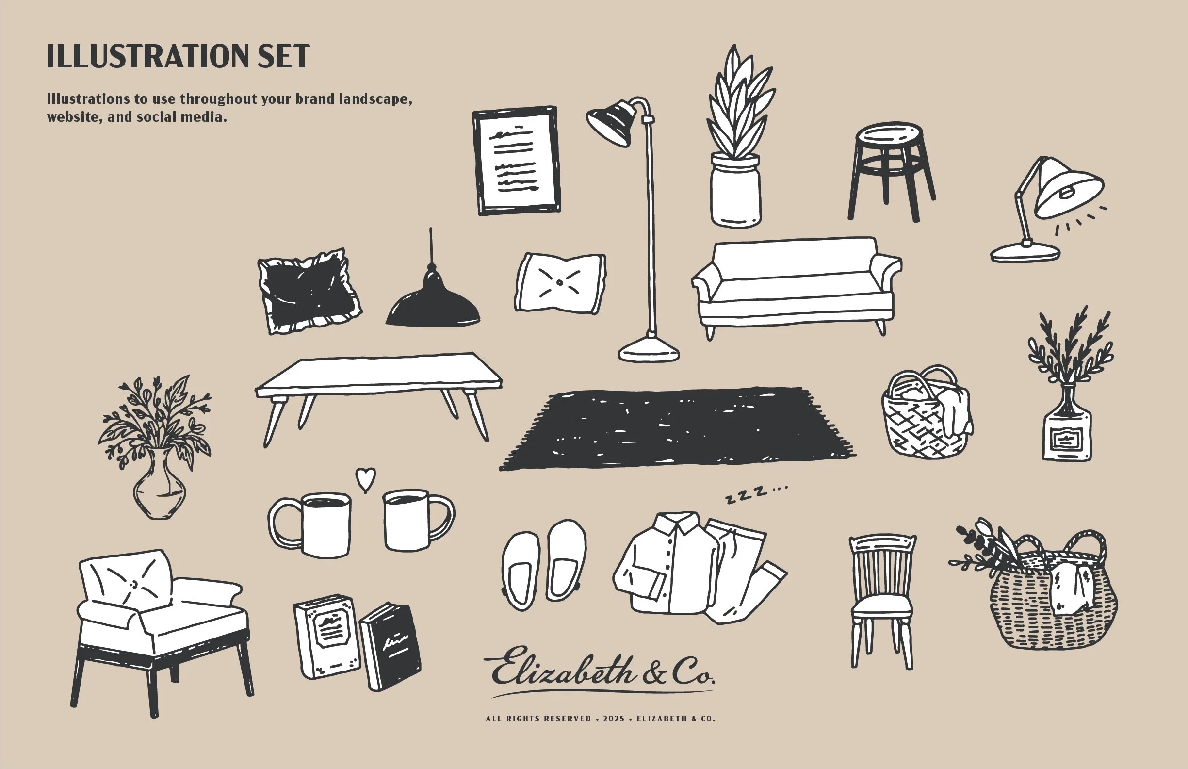 Illustration set with various household items and furniture, including a sofa, coffee table, pillows, light fixtures, plants, books, mugs, shoes, clothing, and decorative objects, arranged on a beige background.