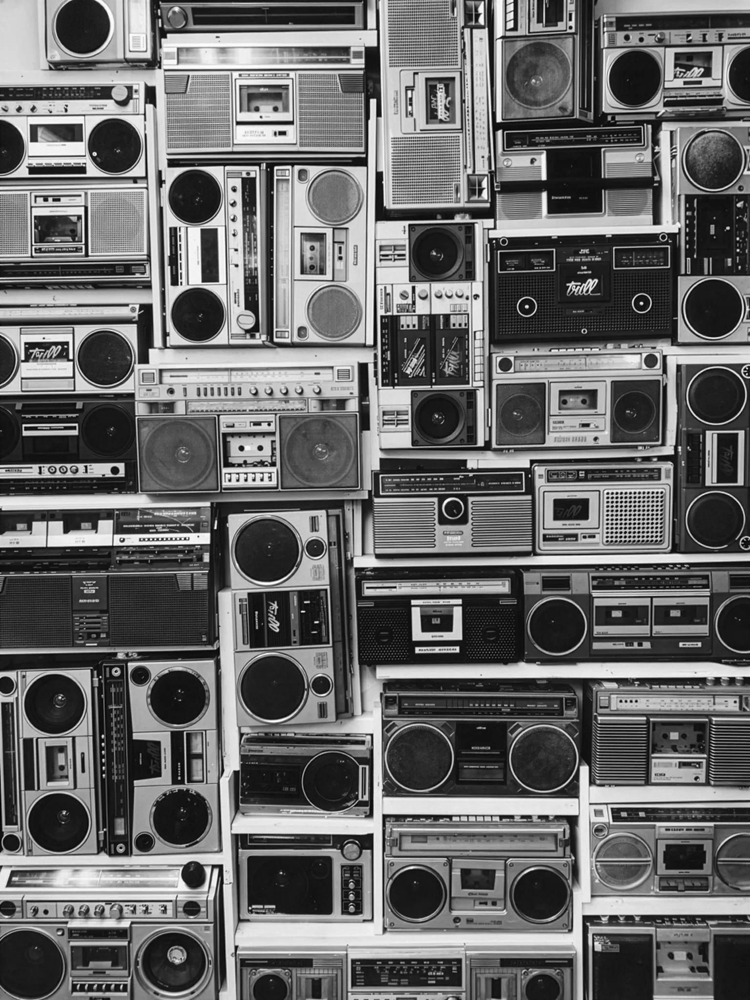 A wall covered with numerous vintage boomboxes and radios stacked together.